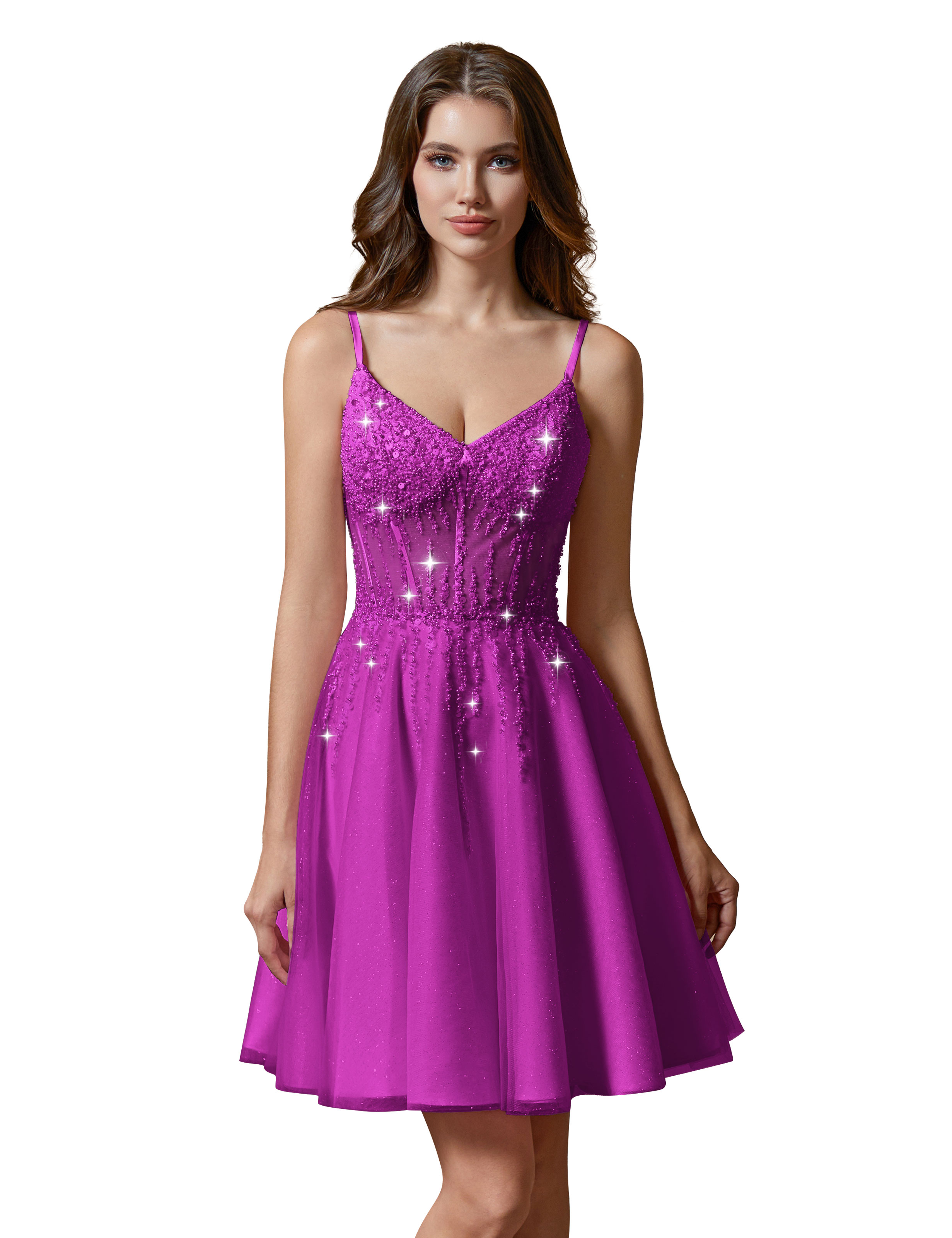 A-line V-Neck Sparkly Tulle Lace Appliques Homecoming Dress #HC2401738