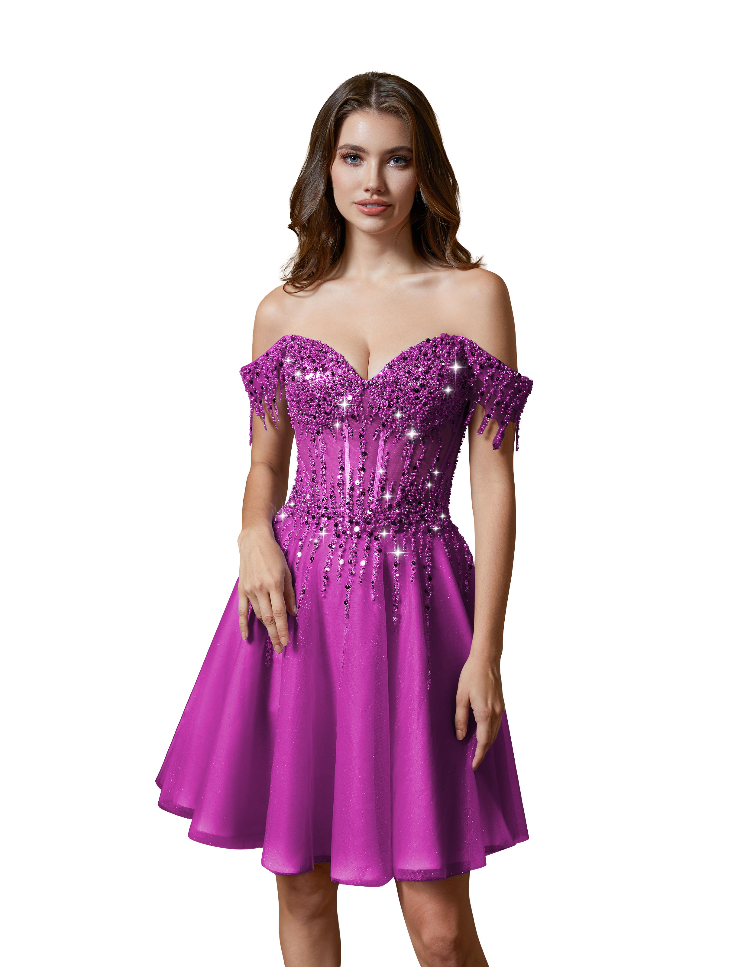 A-line Off Shoulder Lace Appliques Sparkly Sequin Tulle Homecoming Dress #HC2401169