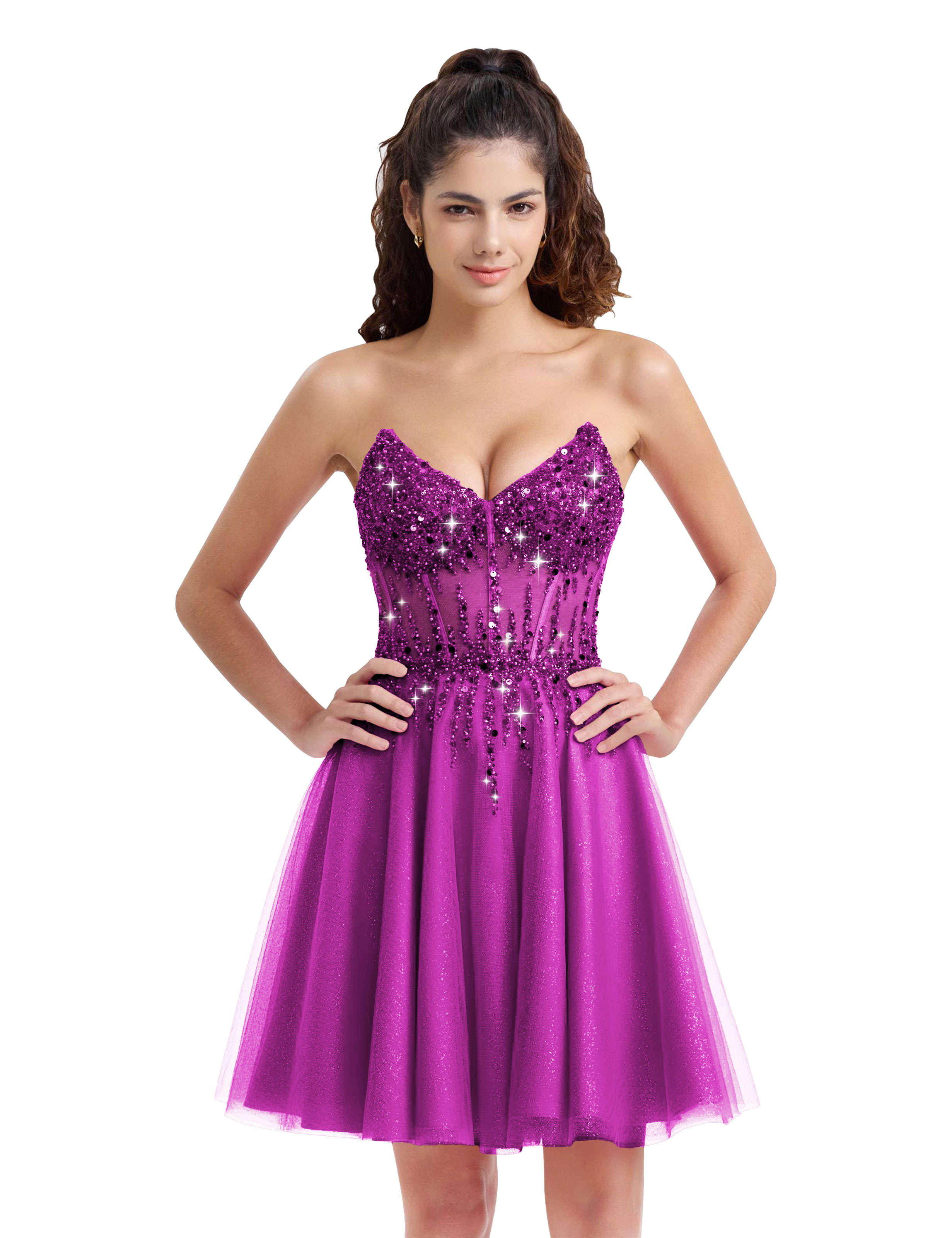 Sparkly A-line V-Neck Tulle Strapless Beaded Homecoming Dress #HC2402127