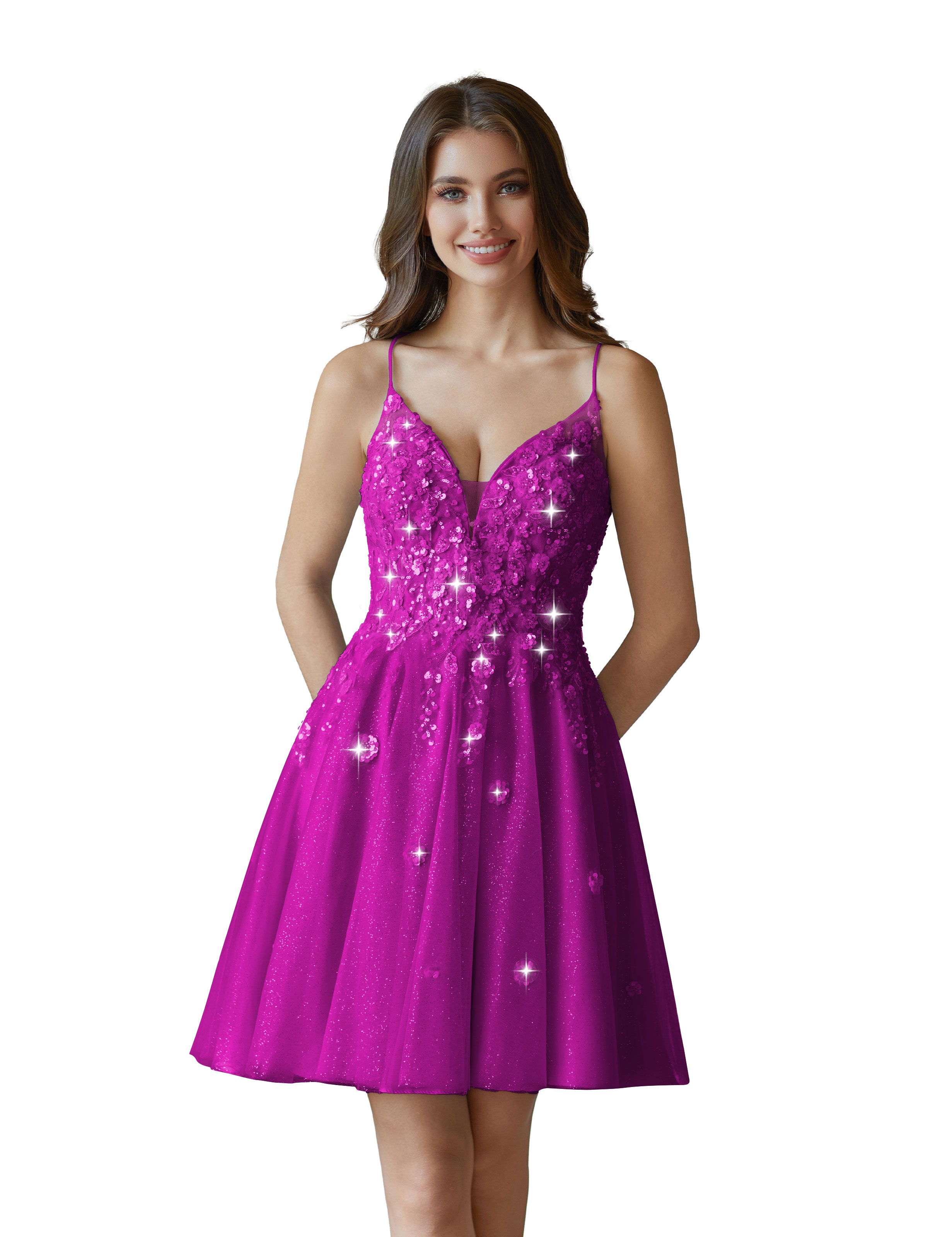 V-Neck Sspaghetti Strap Sparkly Lace Sequin Short Tulle Homecoming Dress #HC2604021