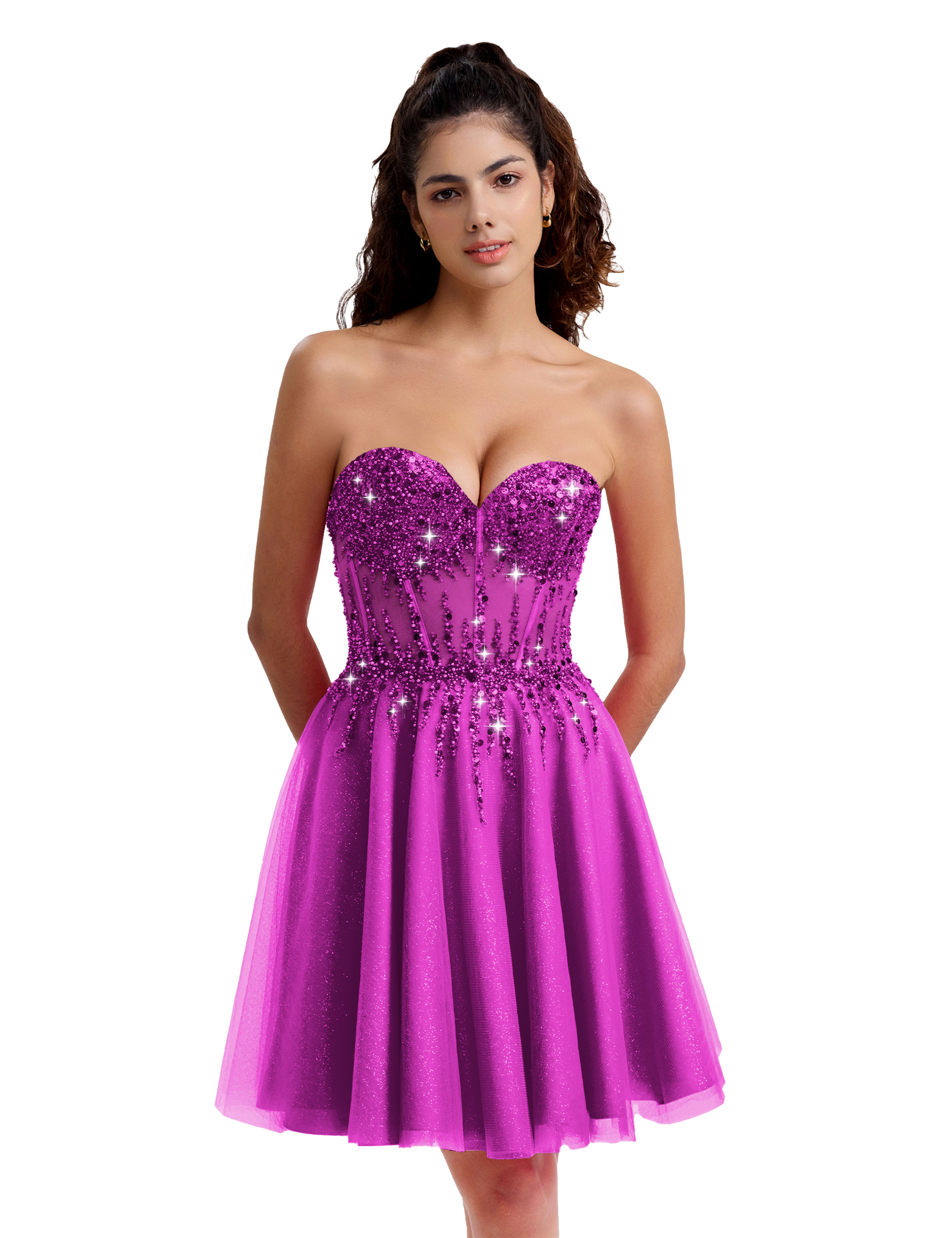 Sparkly A-line Sweetheart Tulle Beaded Party Homecoming Dress #HC2402135