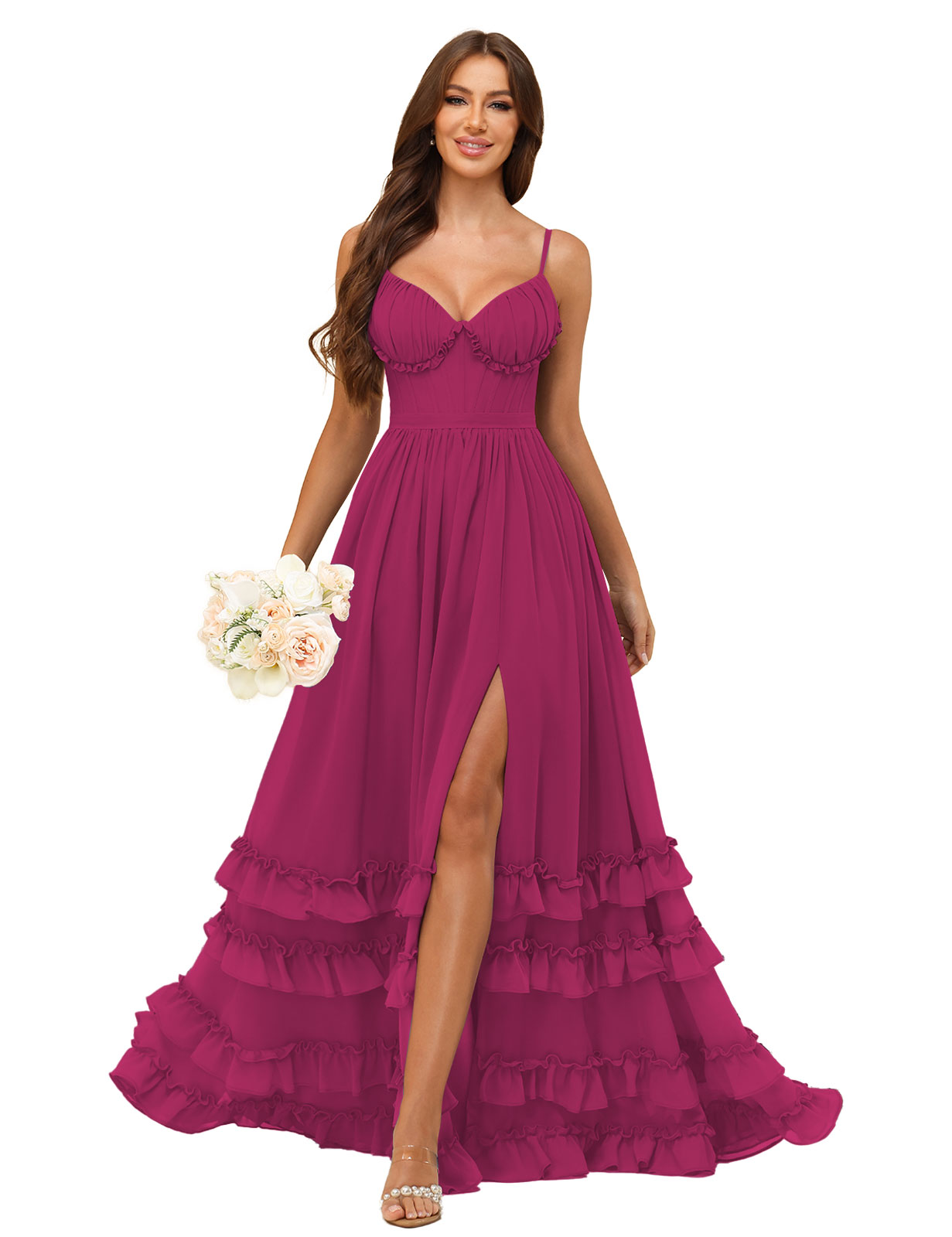 A-line Sweetheart Spaghetti Straps Chiffon Silt Ruffles Bridesmaid Dress #BM2507033