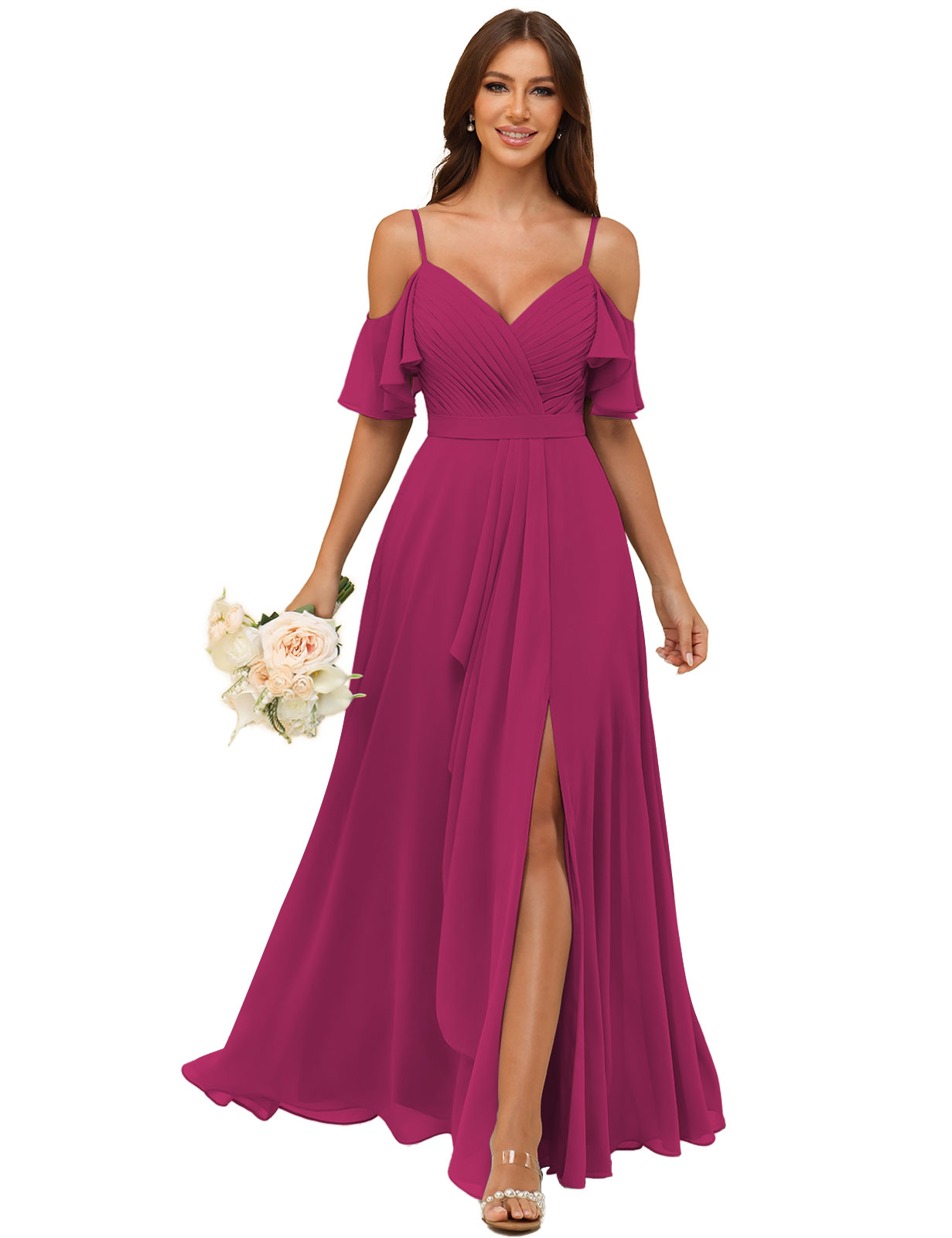 A-line V-neck Spaghetti Straps Chiffon Silt Bridesmaid Dress #BM2507214