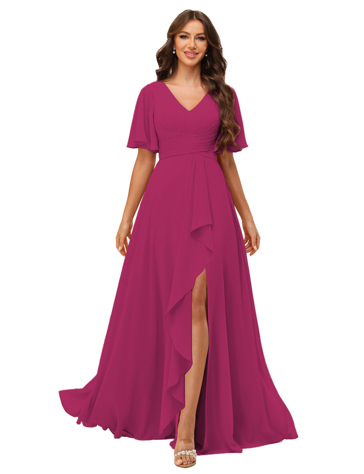 A-line V-neck Short Sleeves Chiffon Silt Bridesmaid Dress #BM2507137