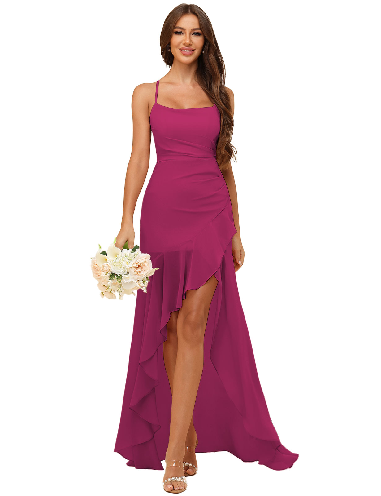 A-line Strapless Chiffon High Low Ruffles Bridesmaid Dress #BM2507148