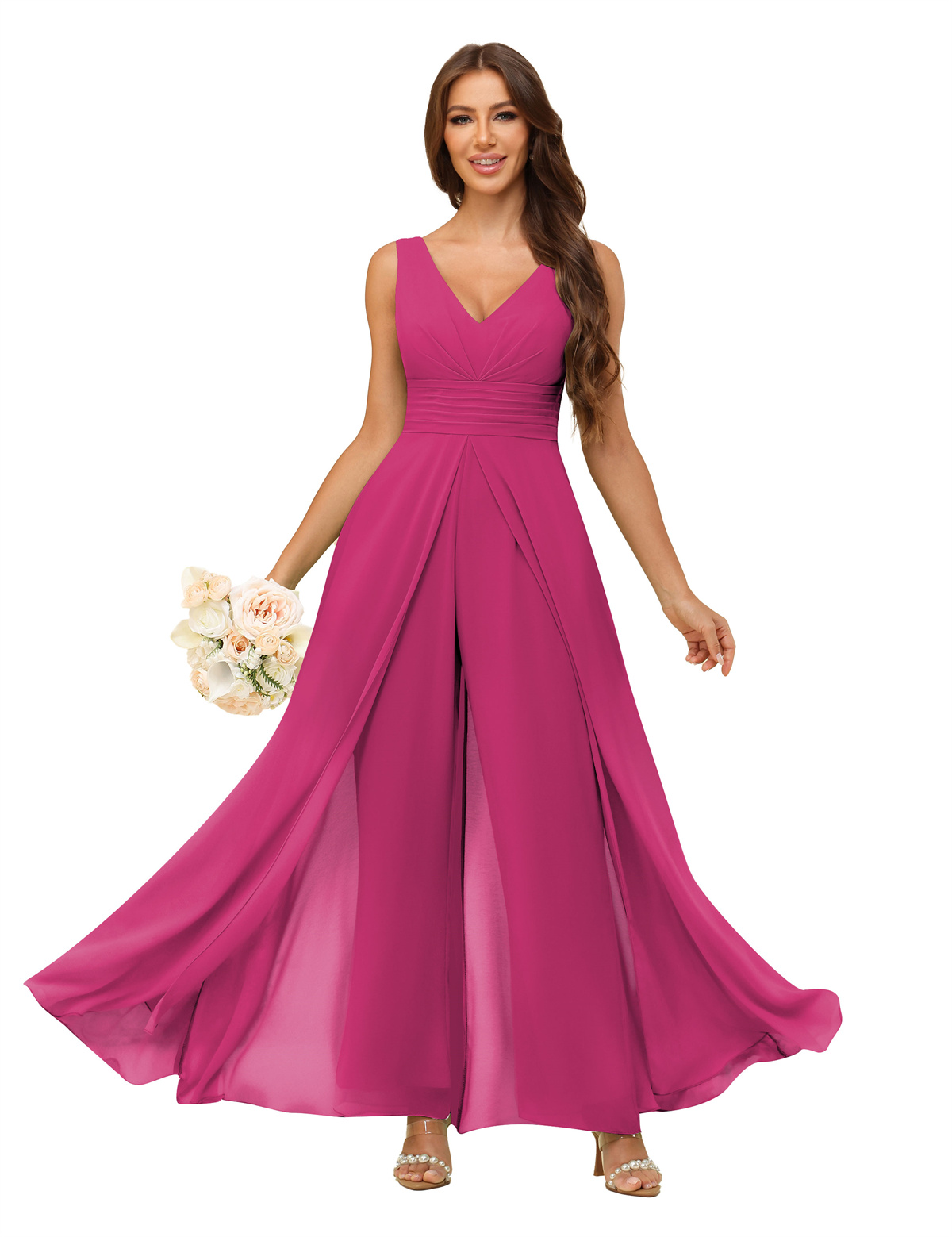 A-line V-neck Chiffon Straps V-back Bridesmaid Dress #PR2507216