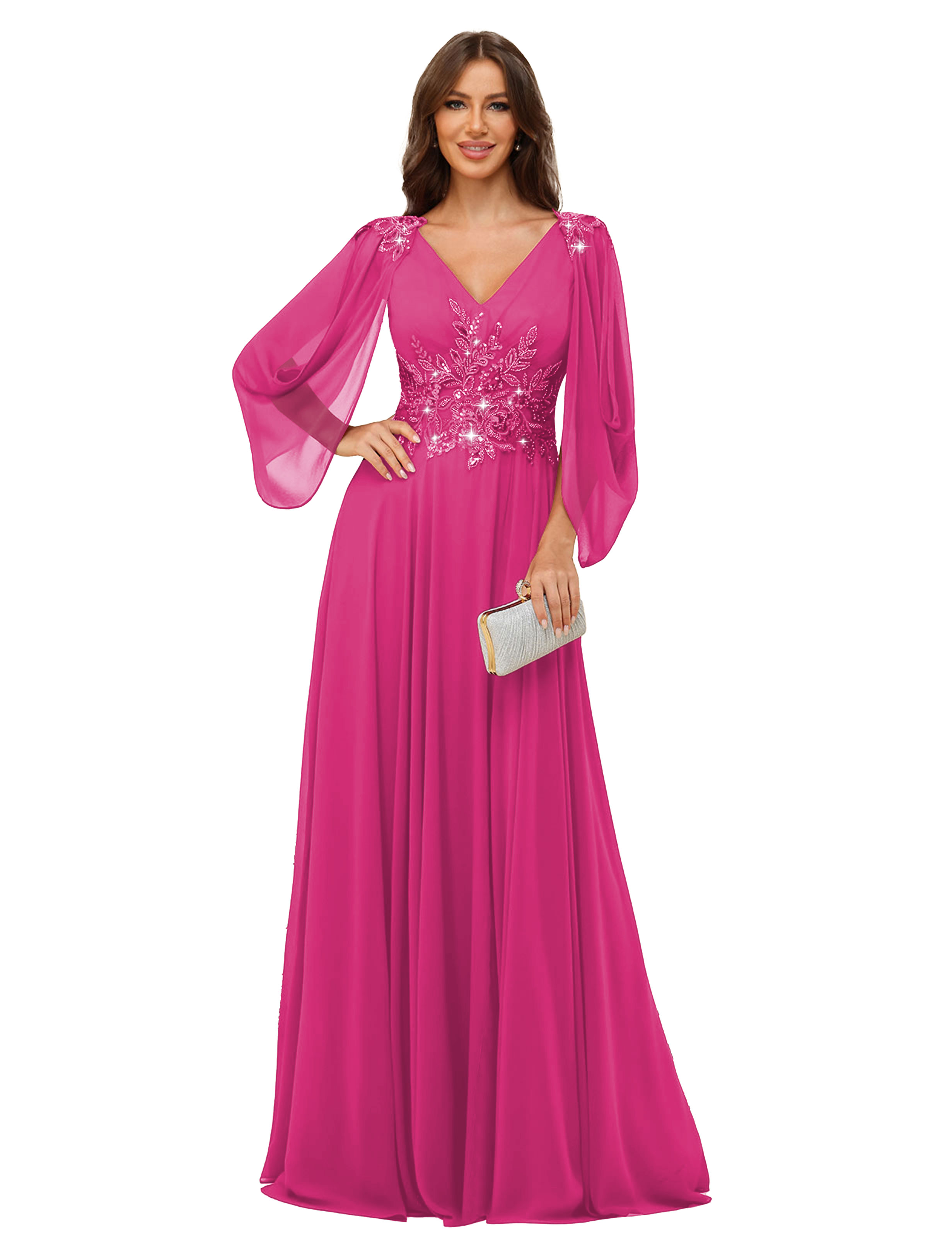 A-line V-neck Chiffon V-back Long Sleeves Mother of The Bride Dress #BM2501034