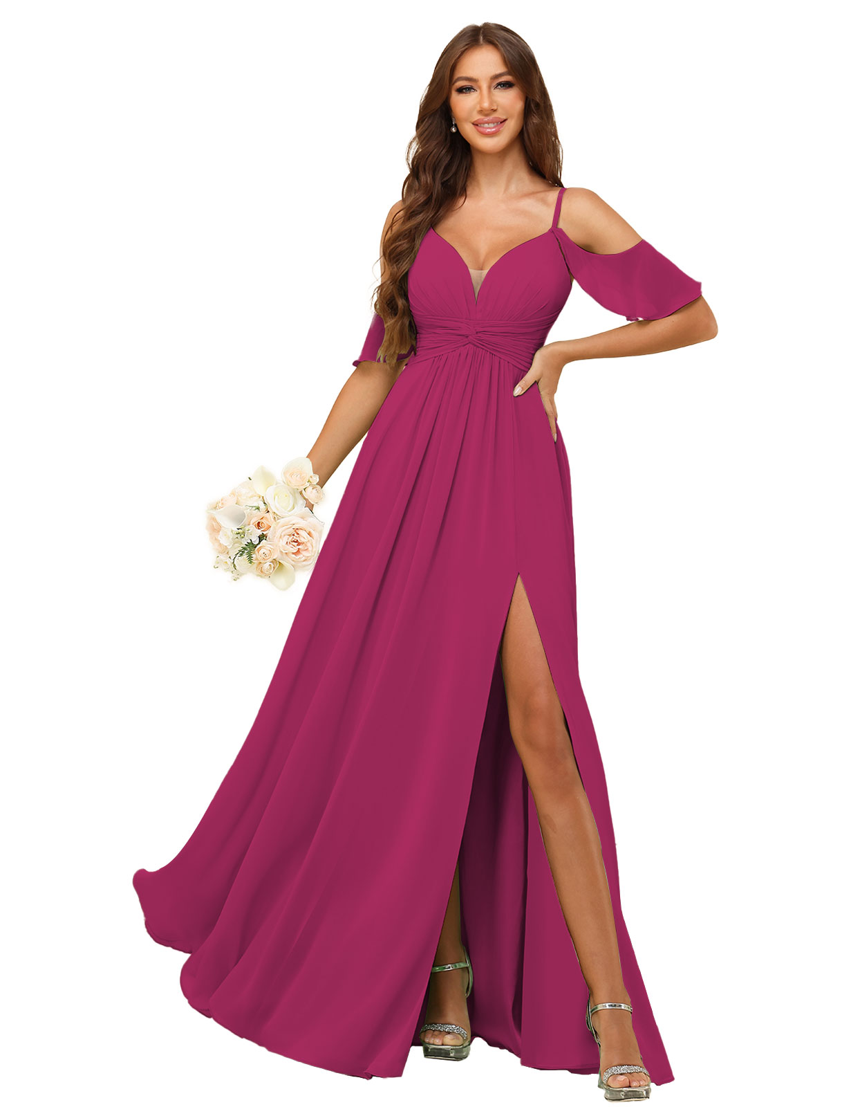 A-line Deep V-neck Spaghetti Straps Chiffon Silt Bridesmaid Dress #BM2507134