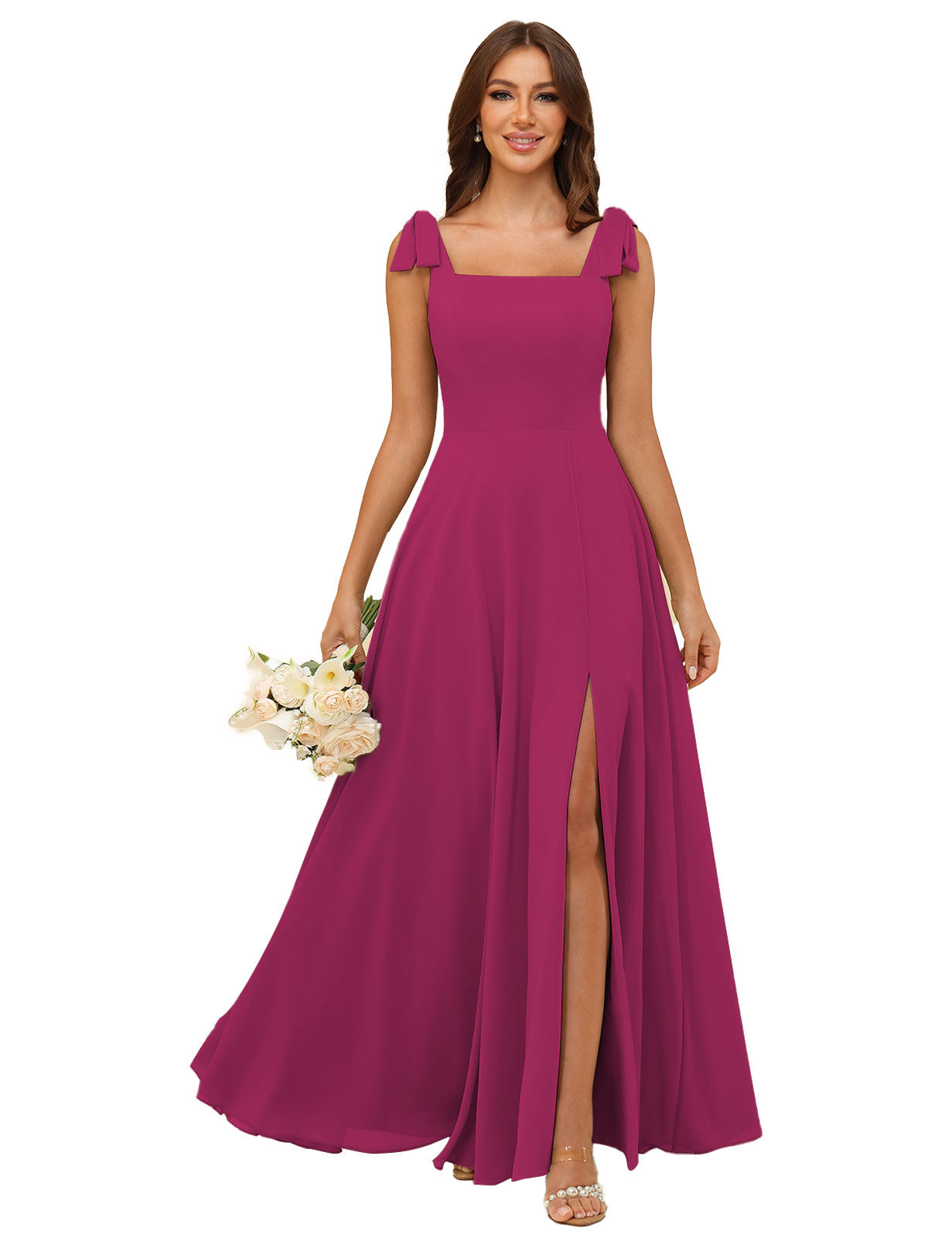 A-line Square Straps Chiffon Silt Bridesmaid Dress #BM2507222