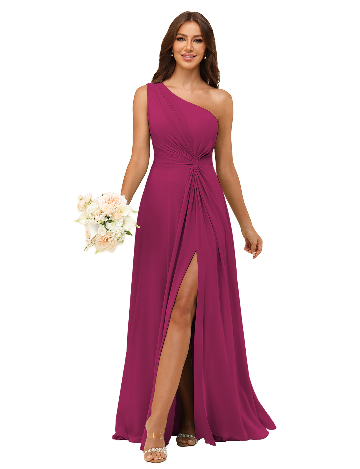A-line One Shoulder Chiffon Silt Bridesmaid Dress #BM2508033