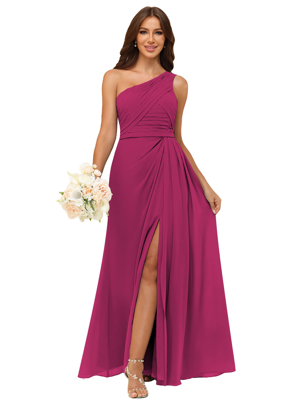 A-line One Shoulder Chiffon Silt Back Zip Bridesmaid Dress #BM2504122