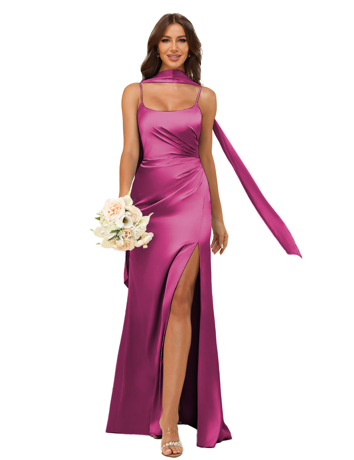 Mermaid U-neck Spaghetti Straps Satin Silt Bridesmaid Dress #BM2507145