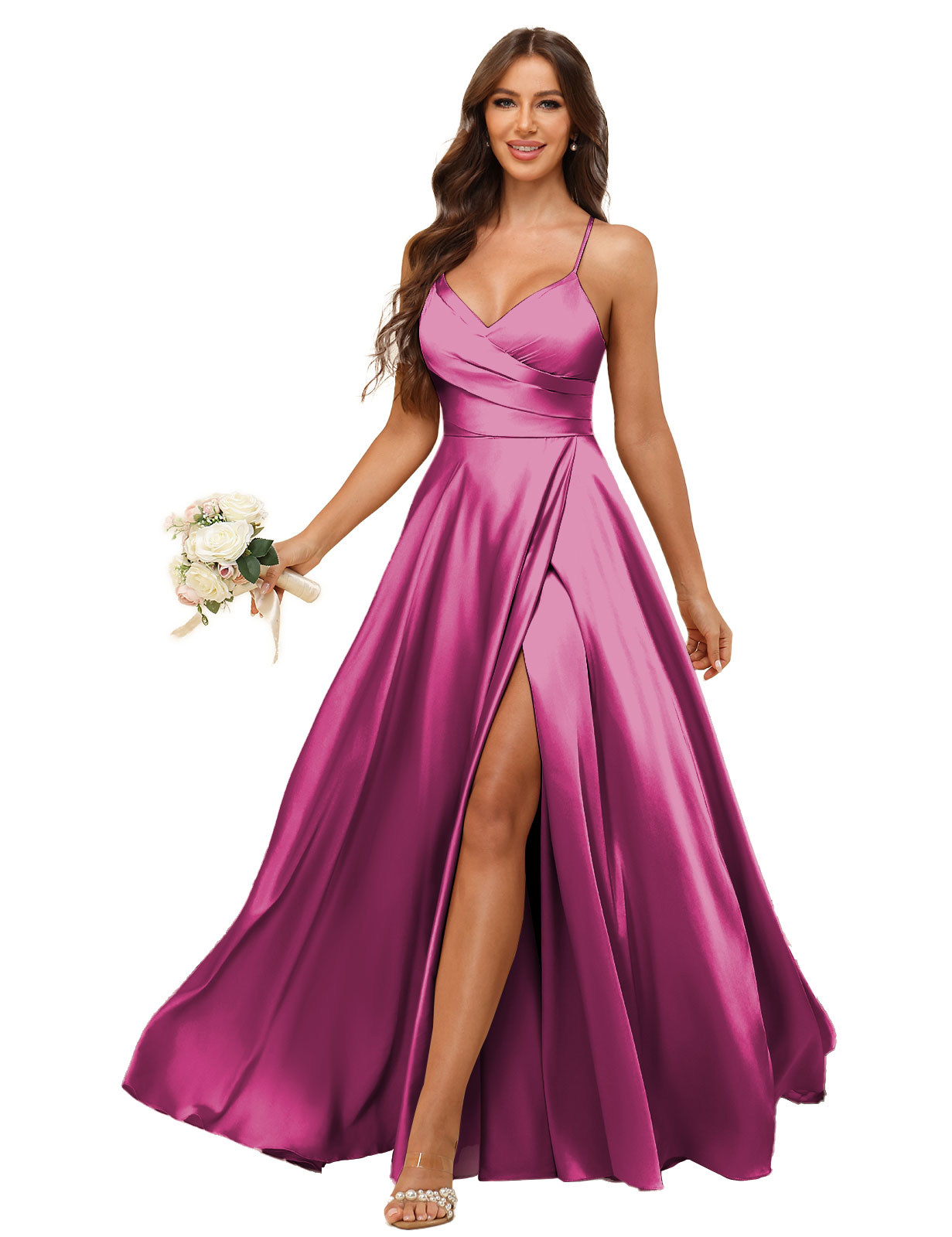 A-line V-neck Spaghetti Straps Satin Silt Bridesmaid Dress #BM2507218