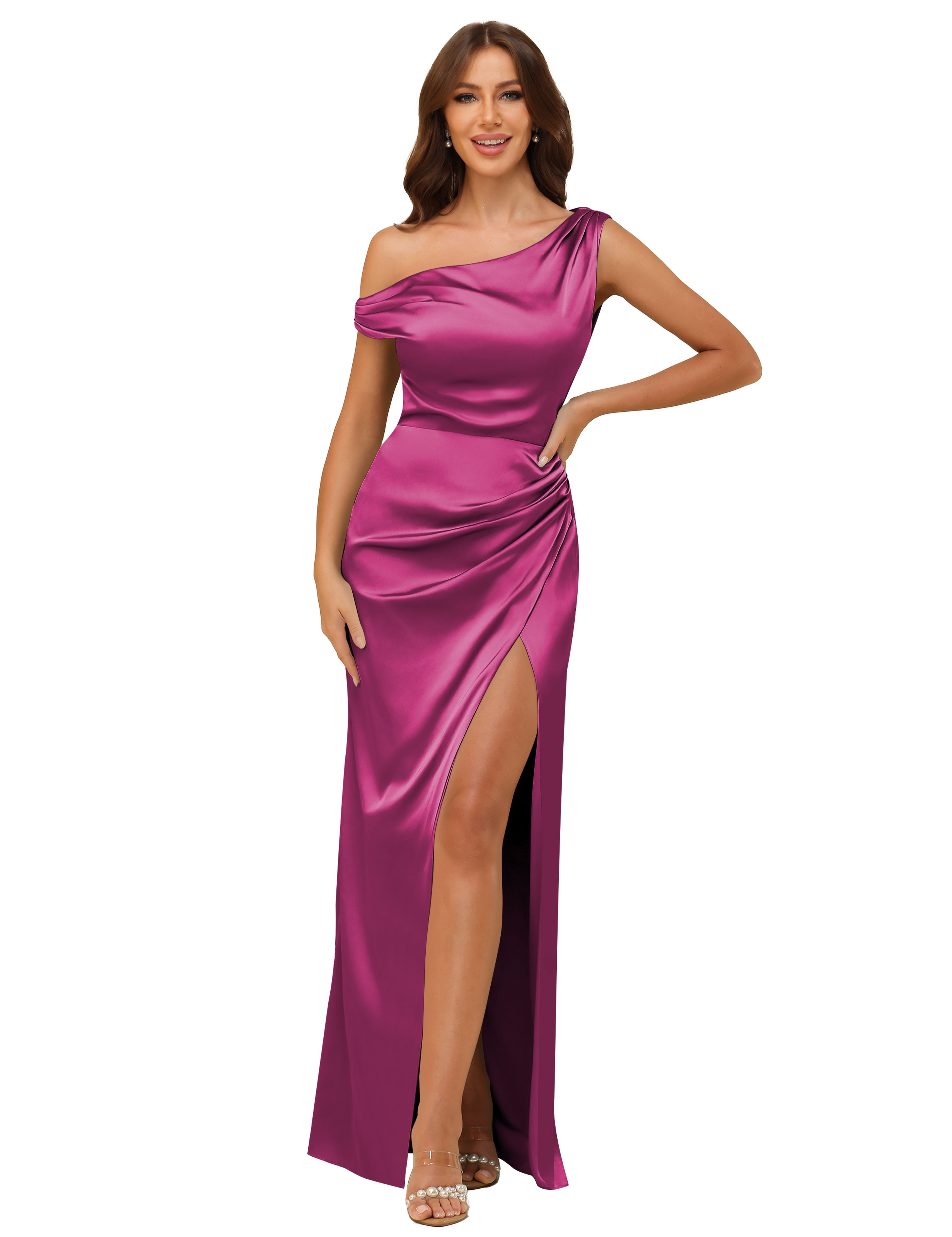Sheath One Shoulder Satin Silt Side Zip Bridesmaid Dress #BM2507059