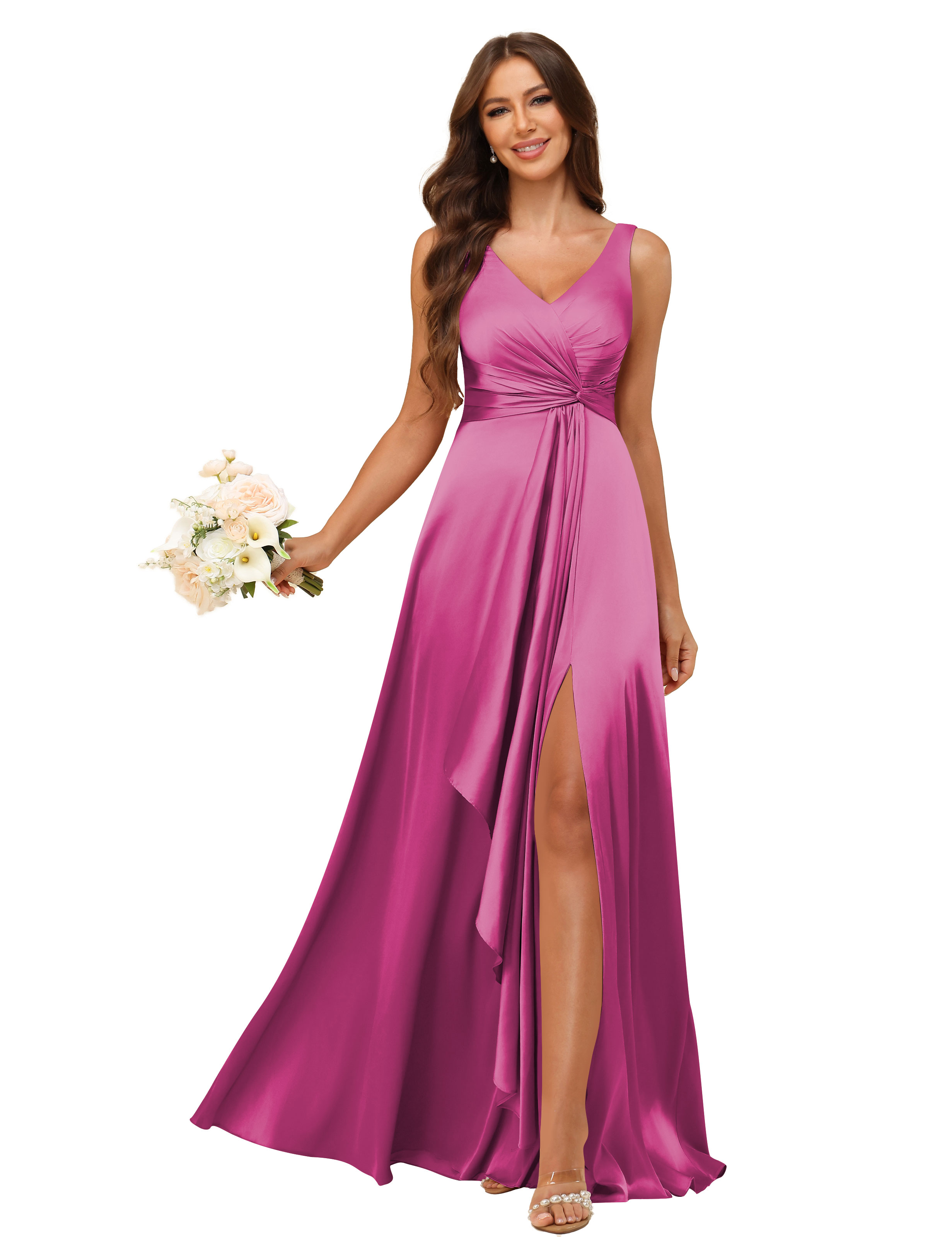 A-line V-neck Straps Satin Silt Lace Up Bridesmaid Dress #BM2507147