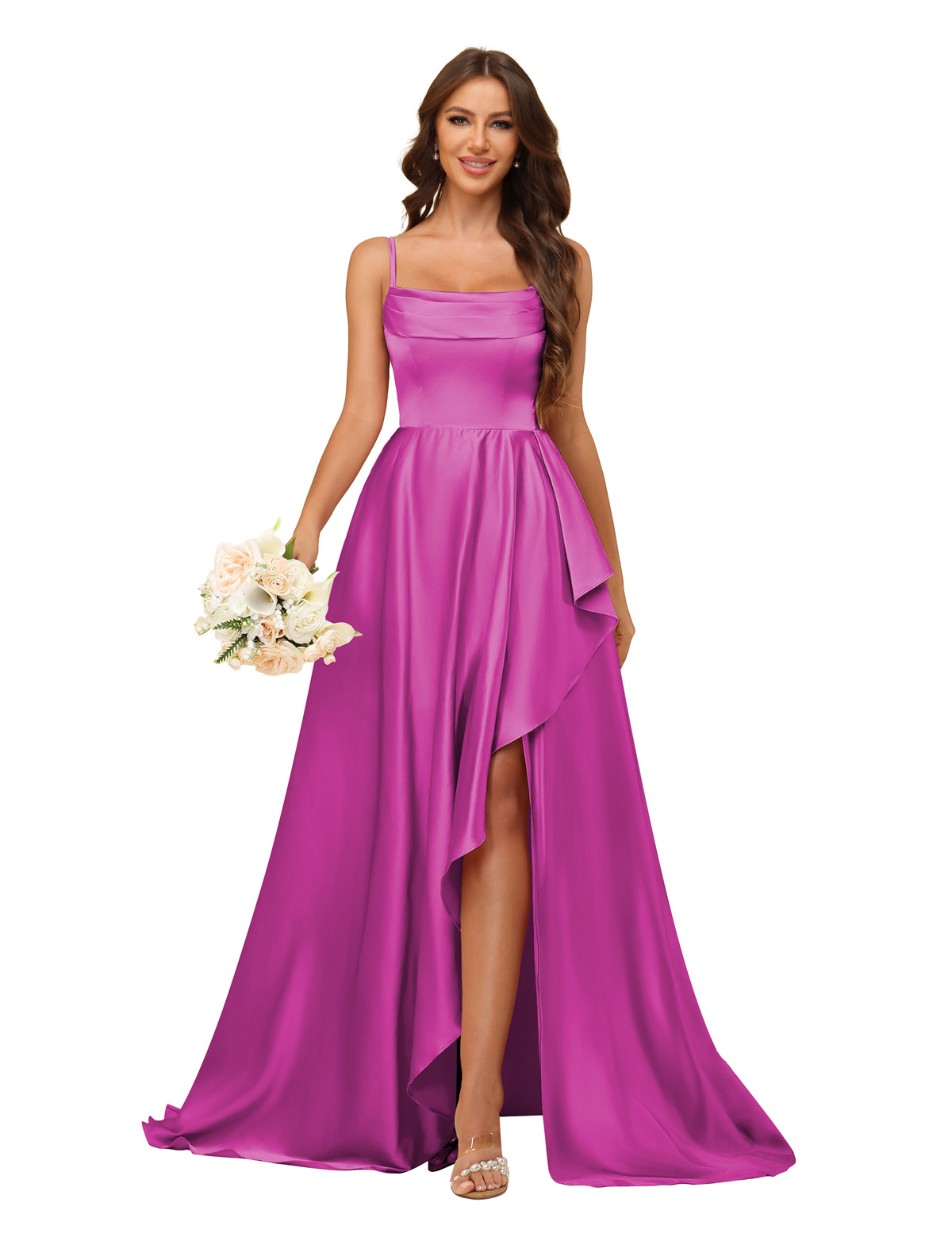 A-line U-neck Spaghetti Straps Satin Silt Bridesmaid Dress #BM2507213