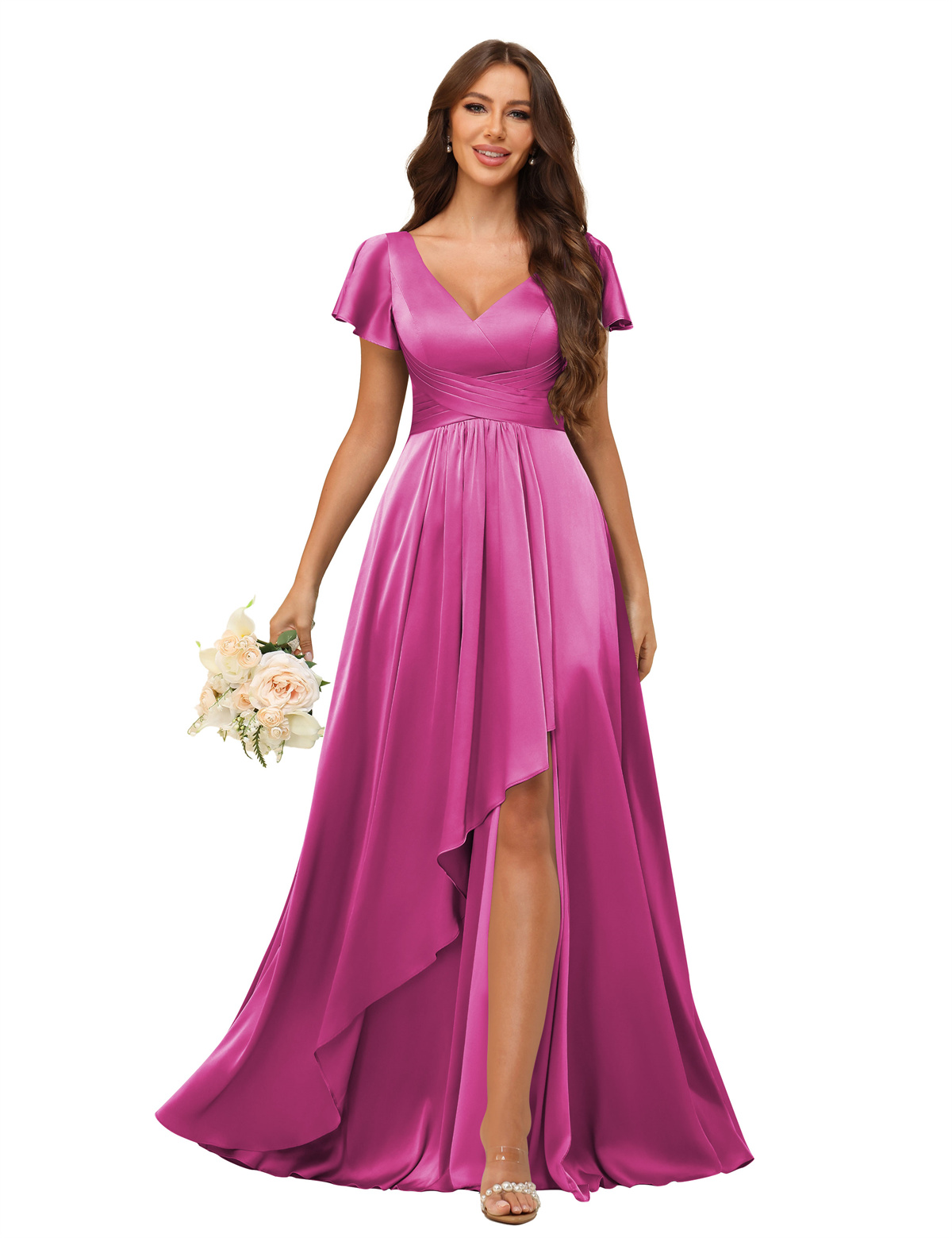 A-line V-neck Short Sleeves Satin Silt Bridesmaid Dress #BM2508022