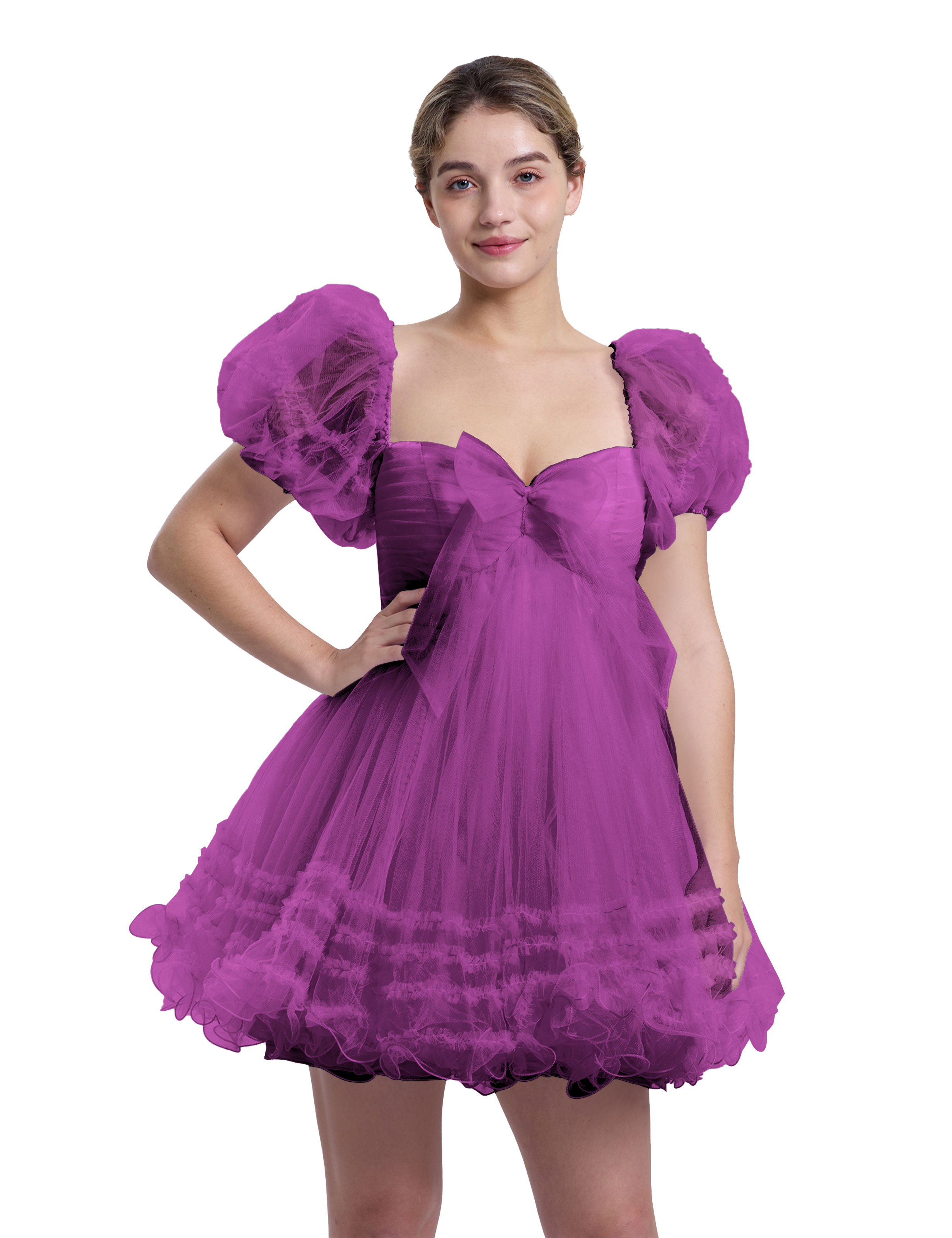 A-line Sweetheart Ruffles Tulle Puffy Sleeves Homecoming Dress #HC2401063
