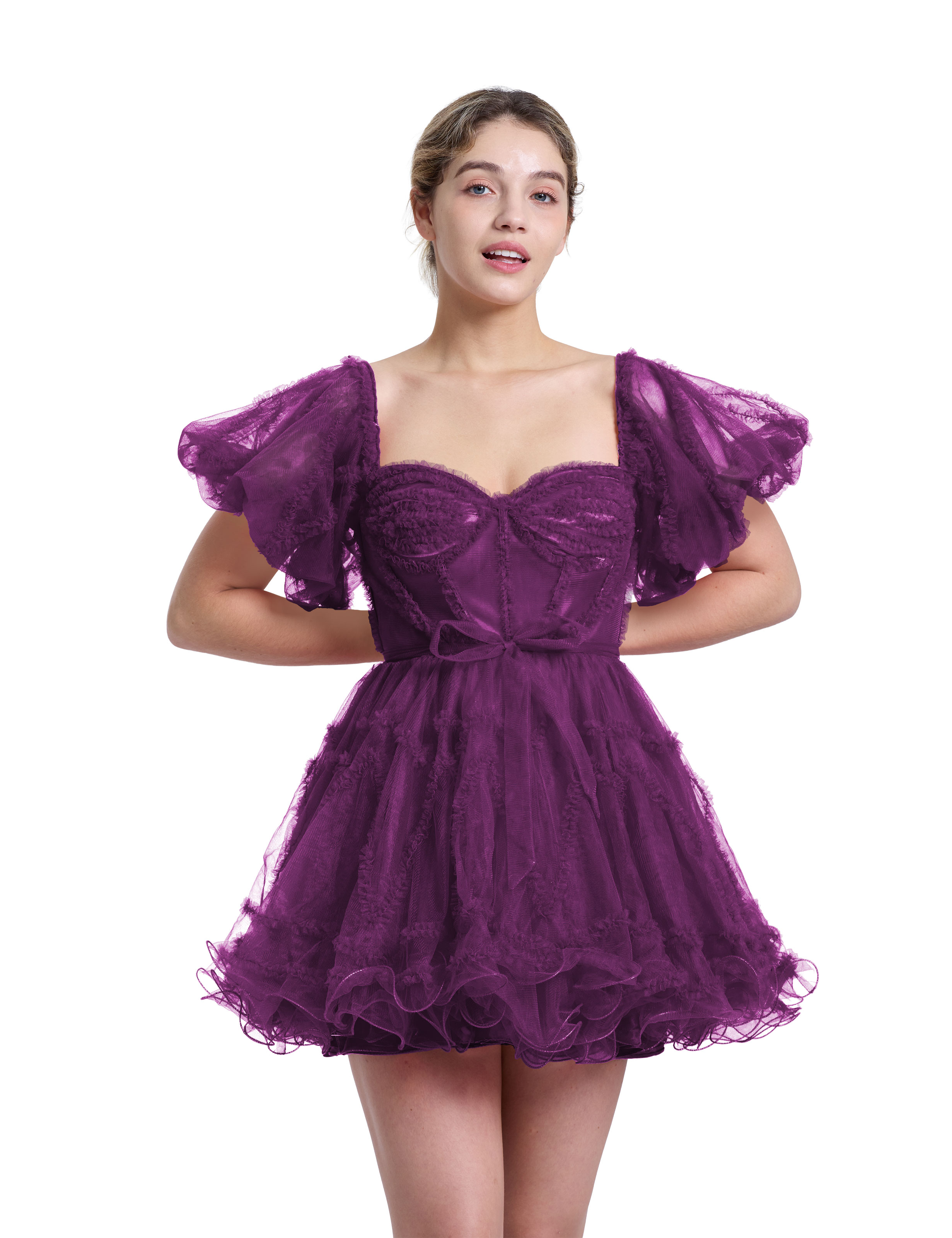 A-line Sweetheart Ruffles Tulle Puffy Sleeves Red Homecoming Dress #HC2401317