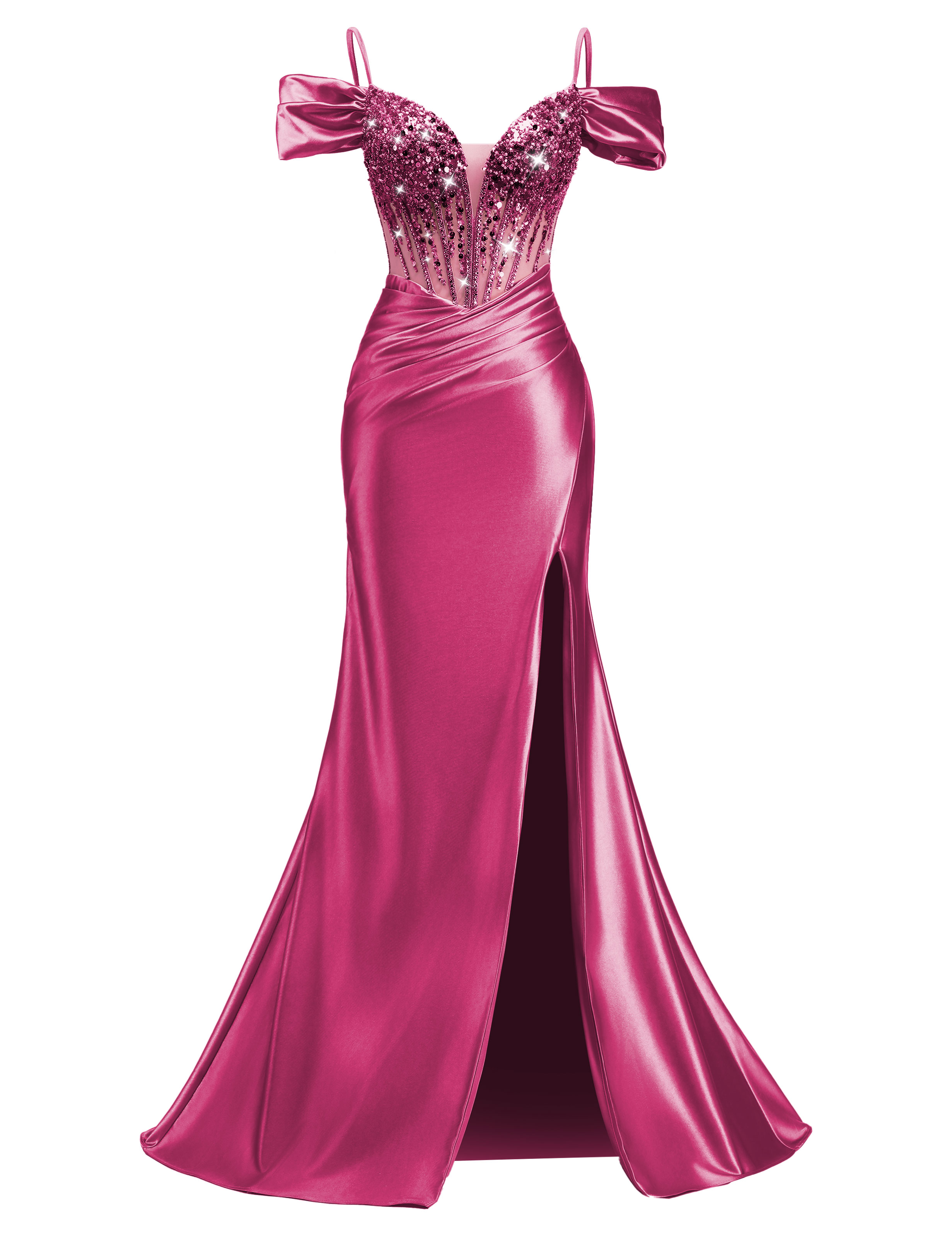 Mermaid V-neck Off Shoulder Beaded Sequin Satin Slit Prom Dress #PR2510014