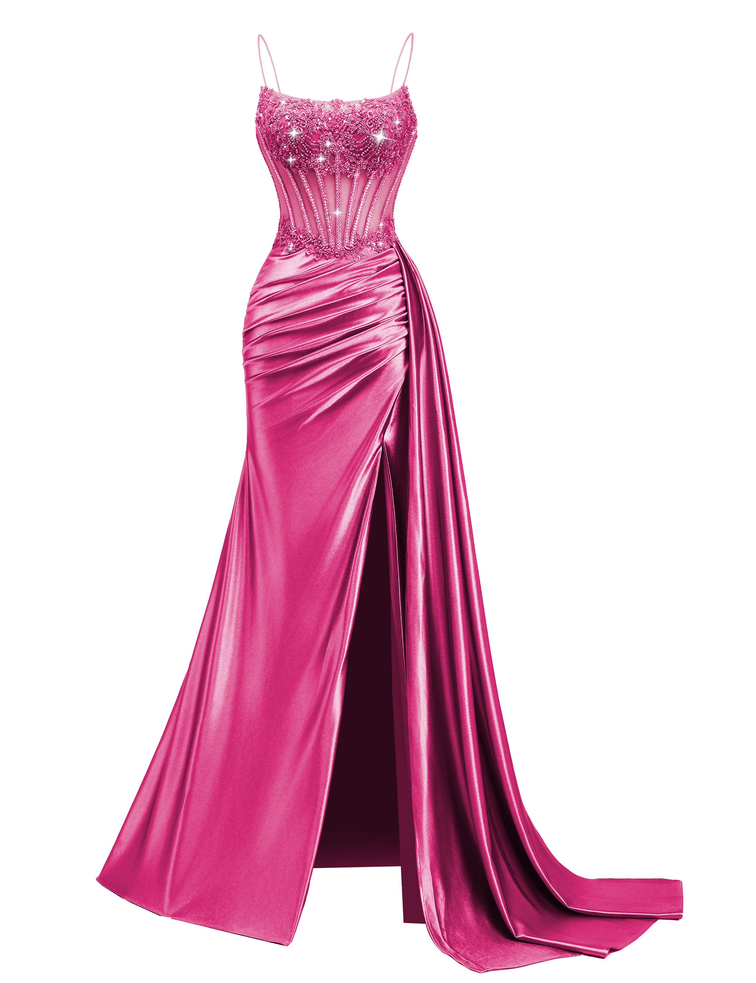 Mermaid Spaghetti Straps Pleated Satin Beaded Slit Prom Dress #PR2510011