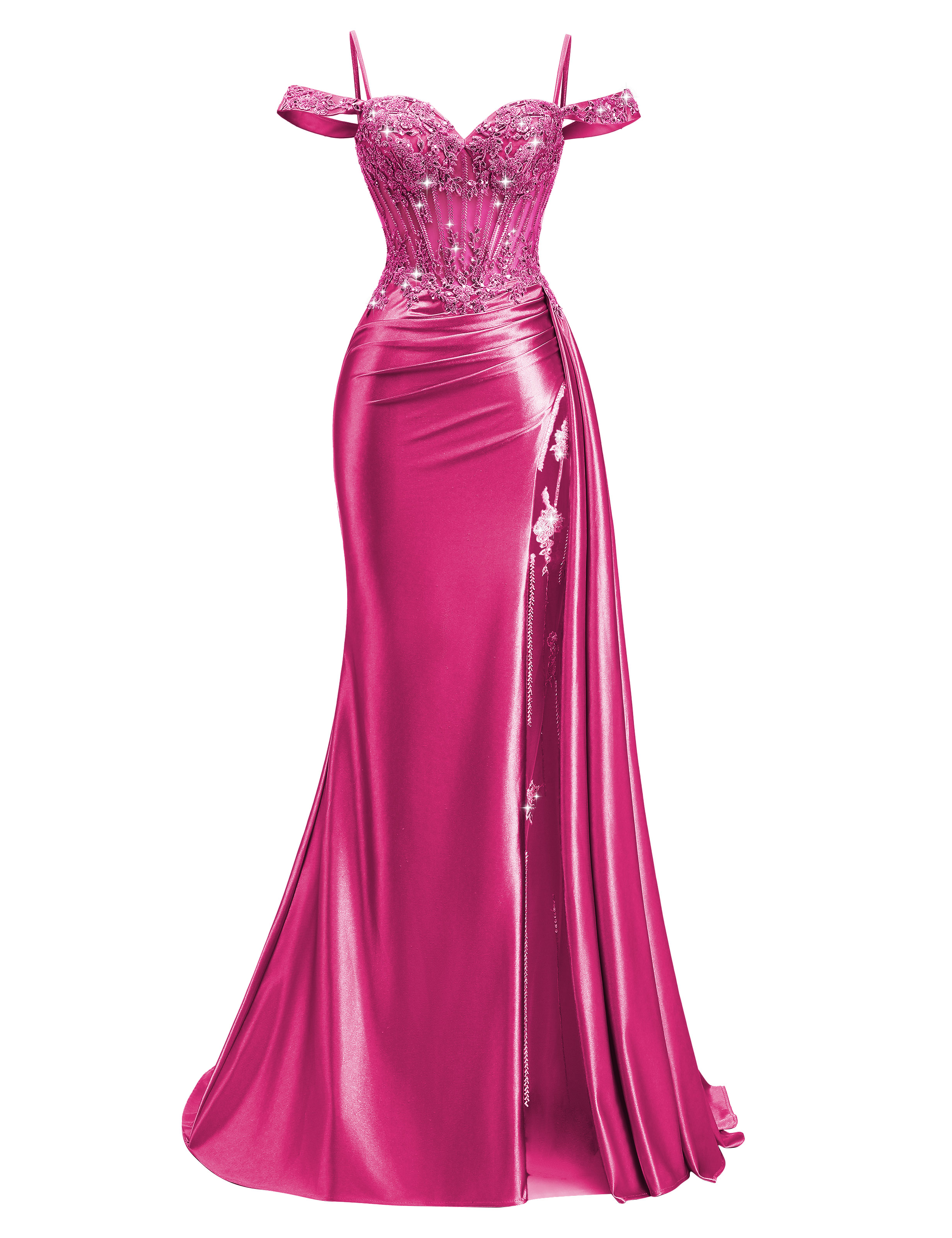 Mermaid Off Shoulder Beaded Sequin Appliques Satin Slit Prom Dress #PR2510009