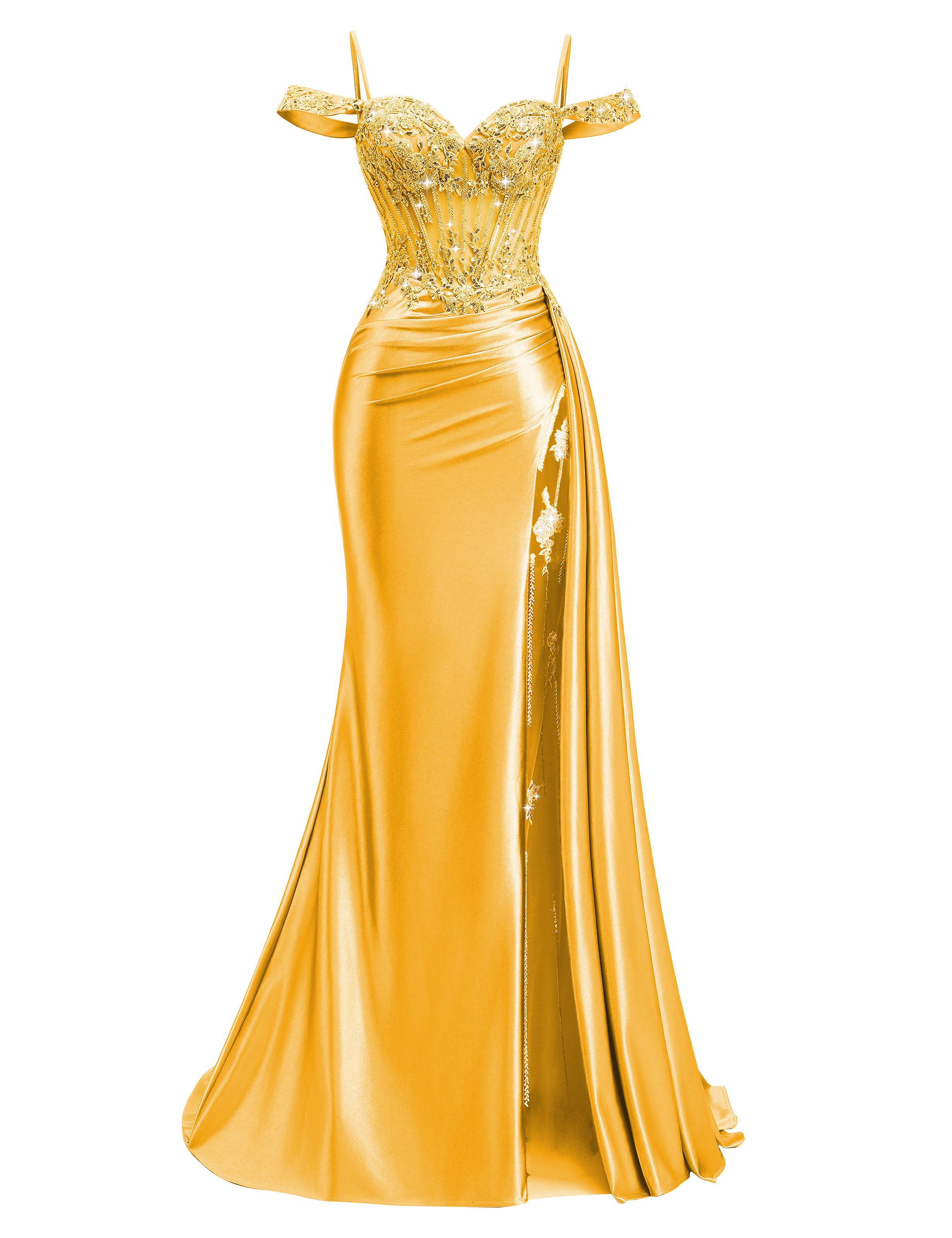 Mermaid Off Shoulder Beaded Sequin Appliques Satin Slit Prom Dress #PR2510009