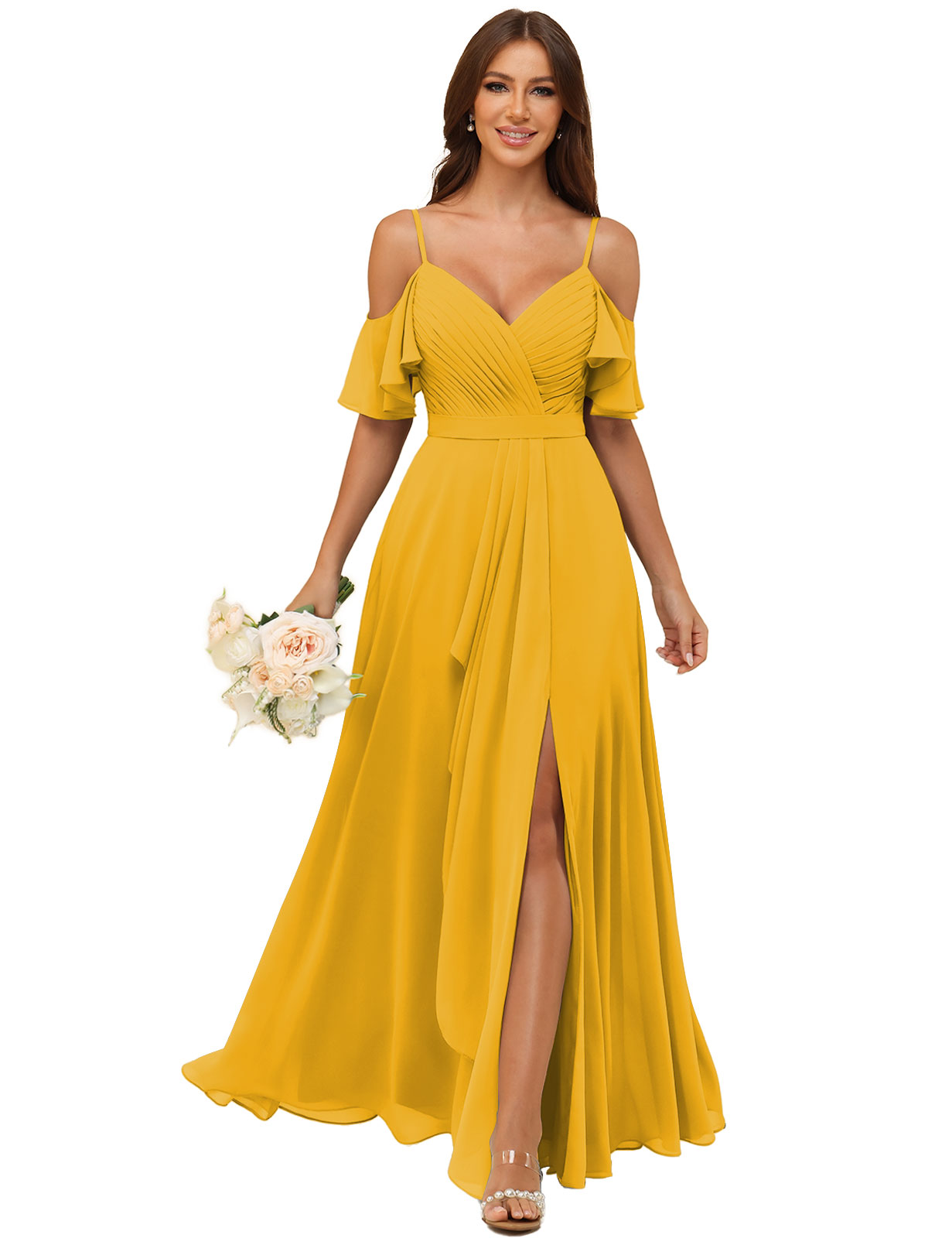 A-line V-neck Spaghetti Straps Chiffon Silt Bridesmaid Dress #BM2507214