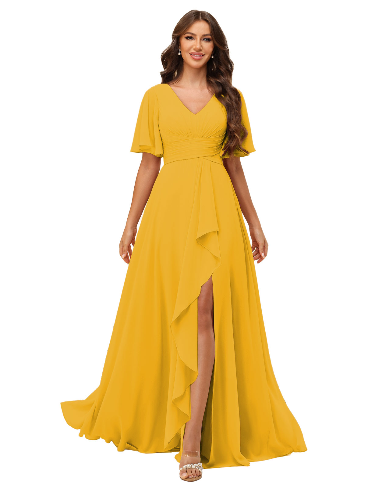 A-line V-neck Short Sleeves Chiffon Silt Bridesmaid Dress #BM2507137