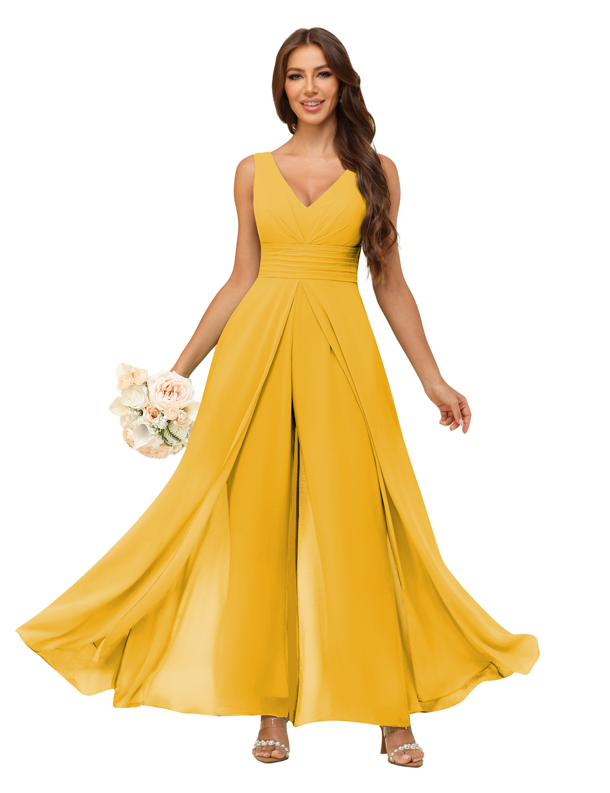 A-line V-neck Chiffon Straps V-back Bridesmaid Dress #PR2507216