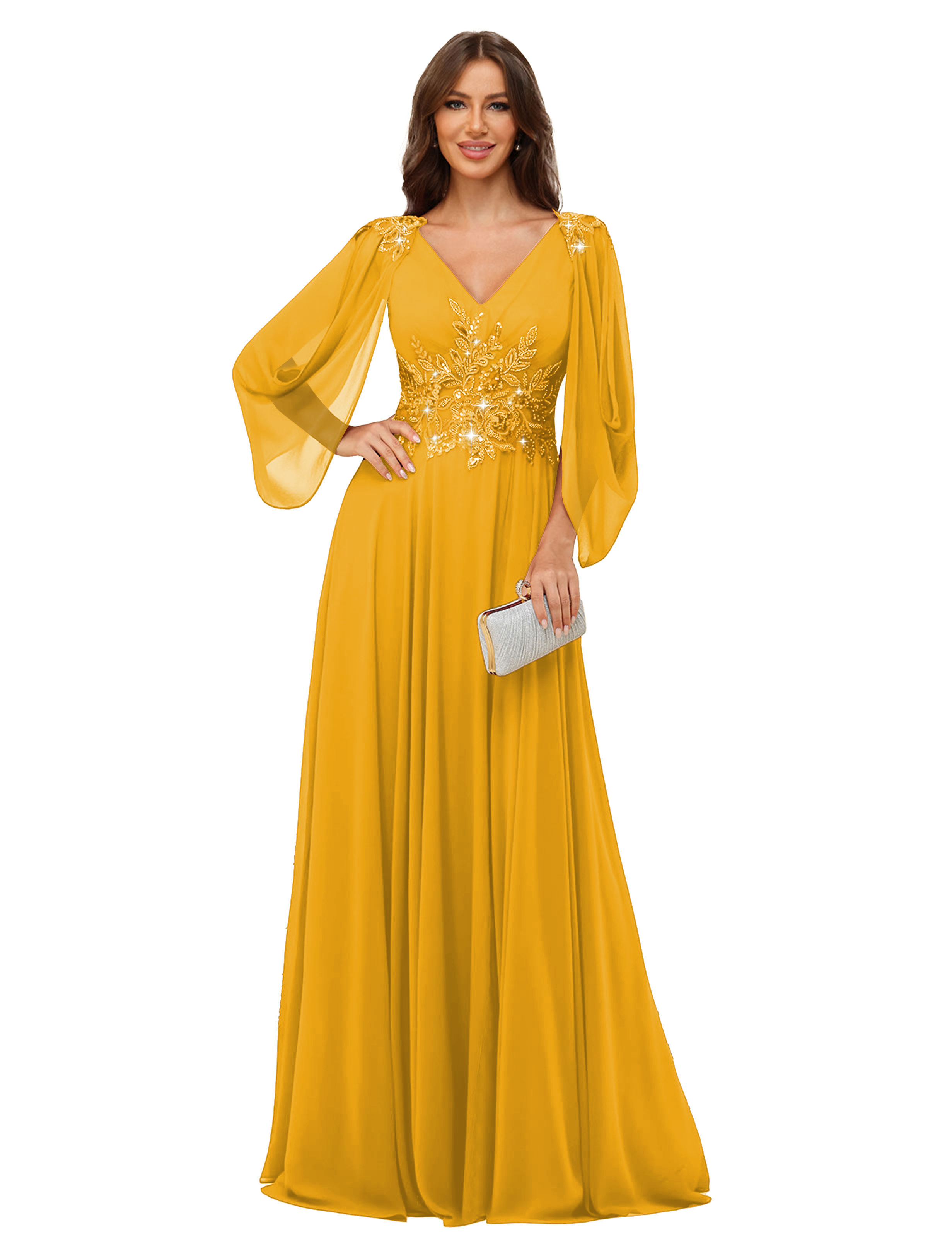 A-line V-neck Chiffon V-back Long Sleeves Mother of The Bride Dress #BM2501034
