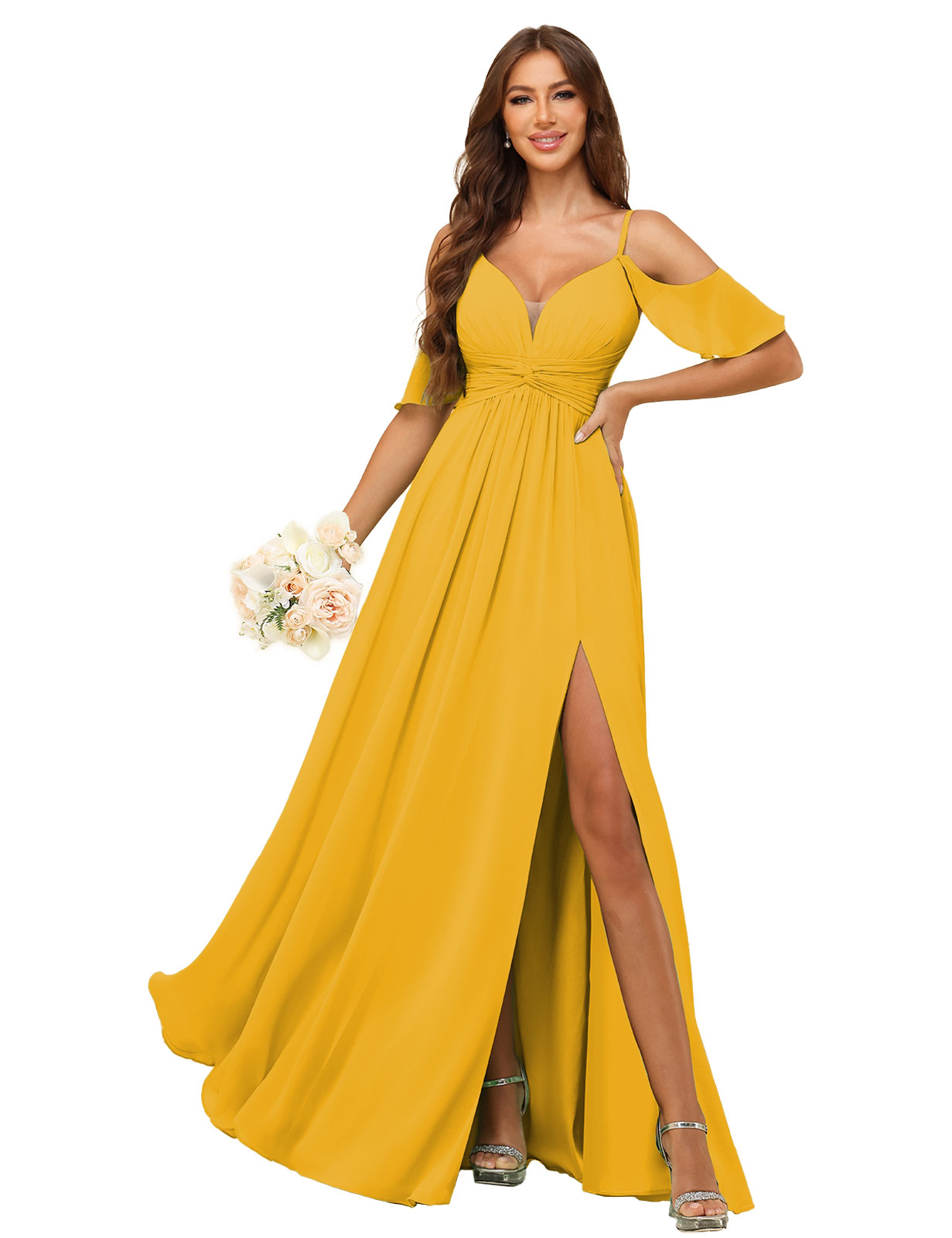 A-line Deep V-neck Spaghetti Straps Chiffon Silt Bridesmaid Dress #BM2507134