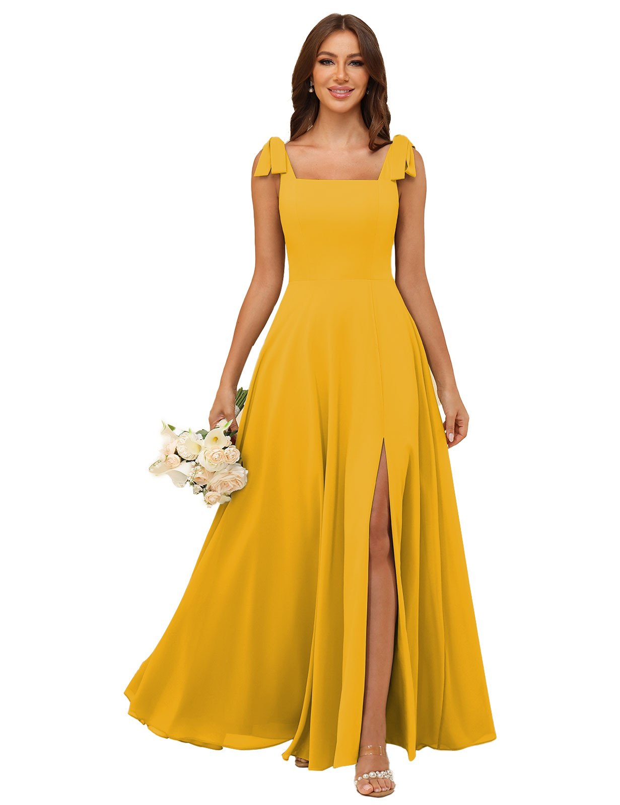 A-line Square Straps Chiffon Silt Bridesmaid Dress #BM2507222