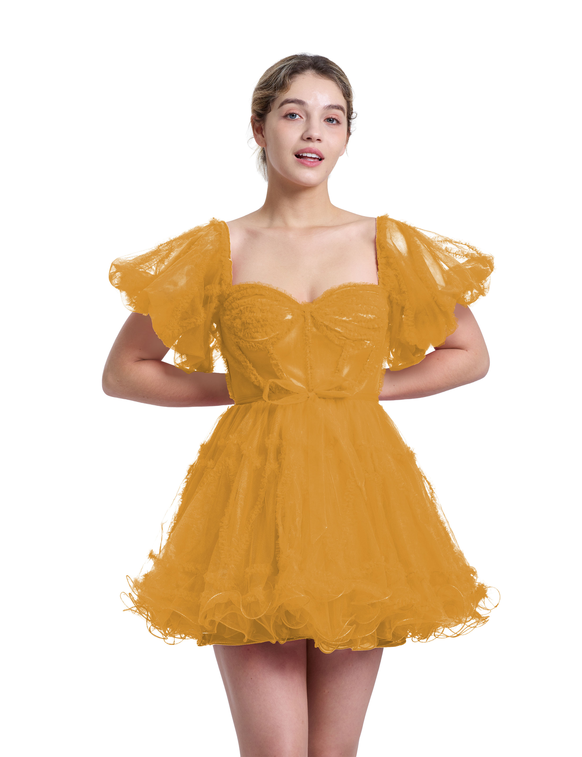 A-line Sweetheart Ruffles Tulle Puffy Sleeves Red Homecoming Dress #HC2401317