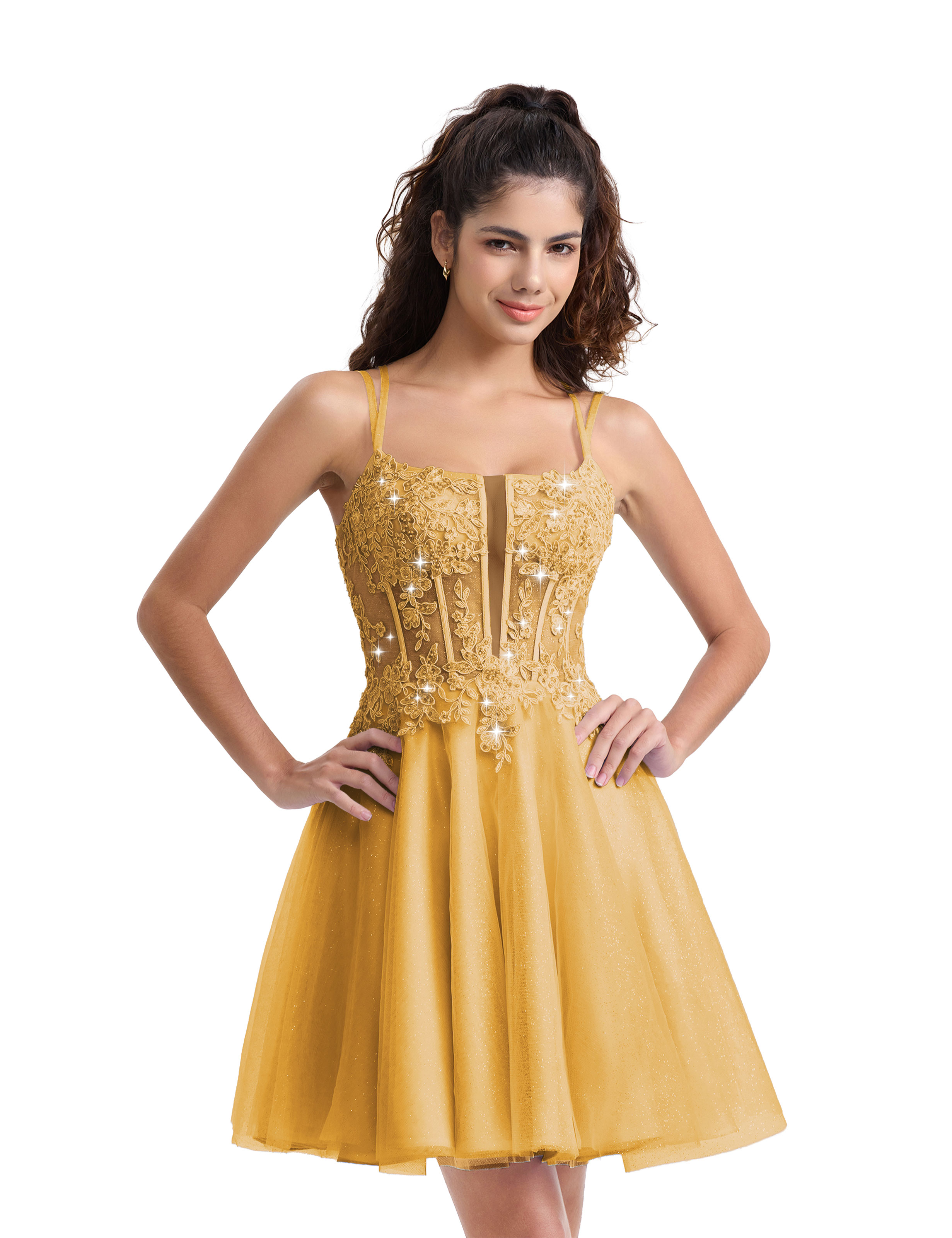 A-line Spaghetti Strap Tulle Lace Appliques Cocktail Homecoming Dress #HC2402129