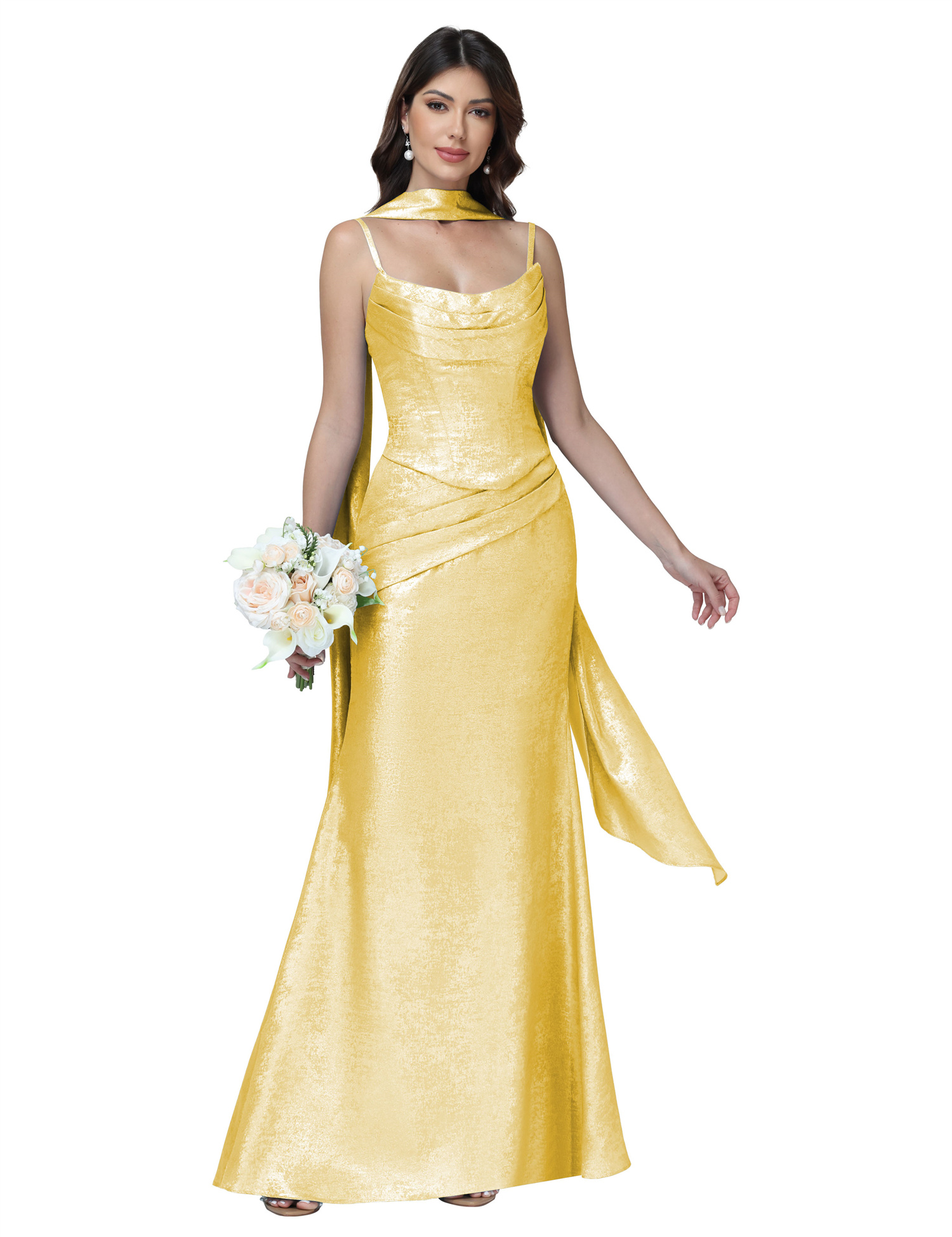 Mermaid Spaghttei Straps Prom Dress 2 Pieces Bridesmaid Dress with Scarf #BM2512054