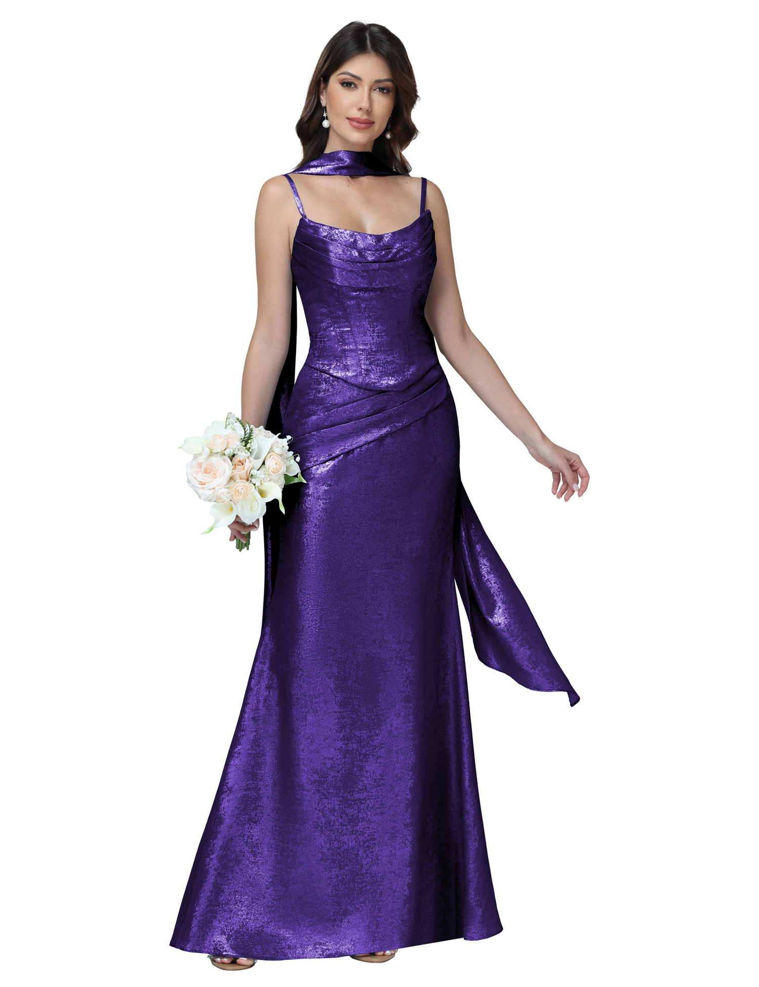 Mermaid Spaghttei Straps Prom Dress 2 Pieces Bridesmaid Dress with Scarf #BM2512054