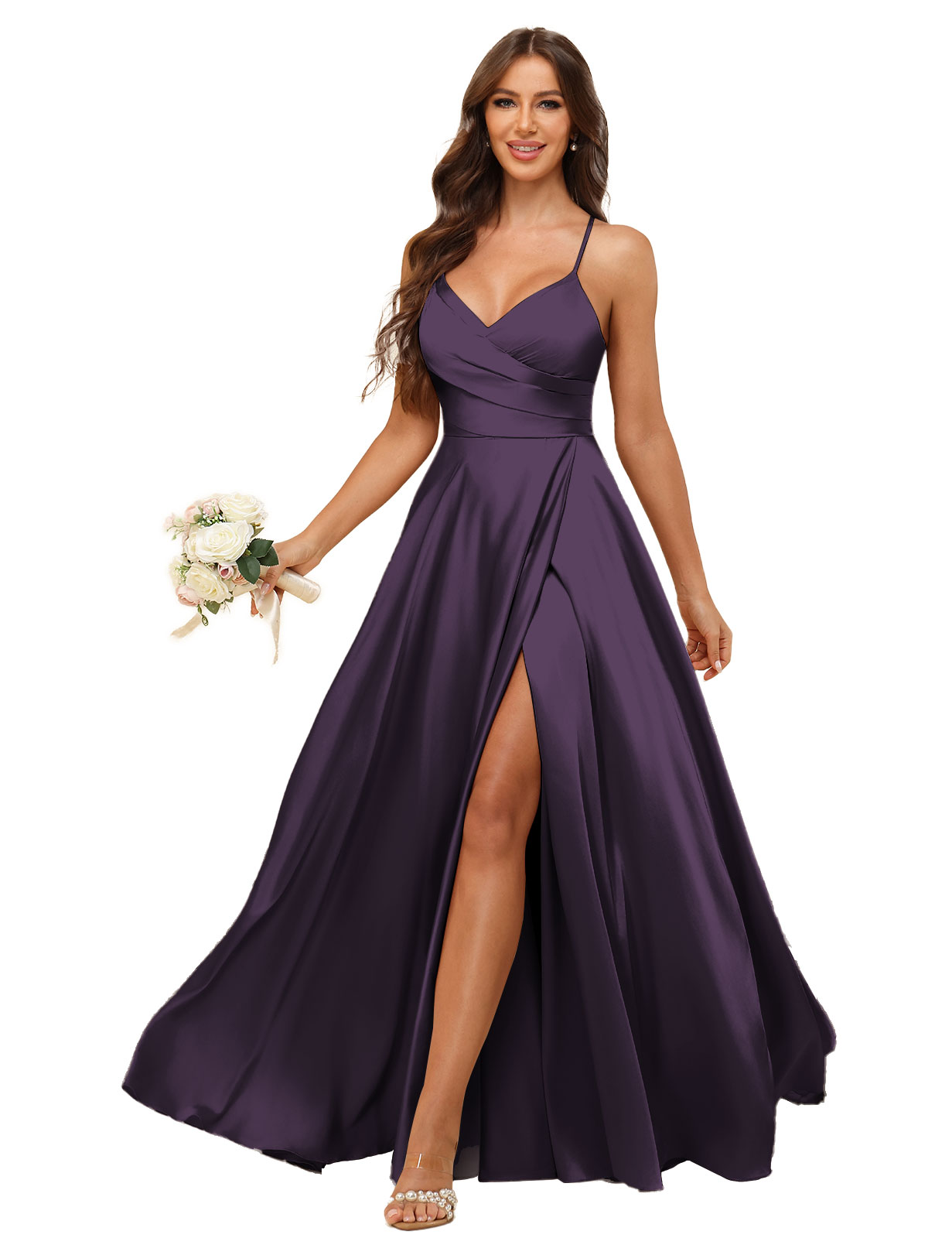 A-line V-neck Spaghetti Straps Satin Silt Bridesmaid Dress #BM2507218