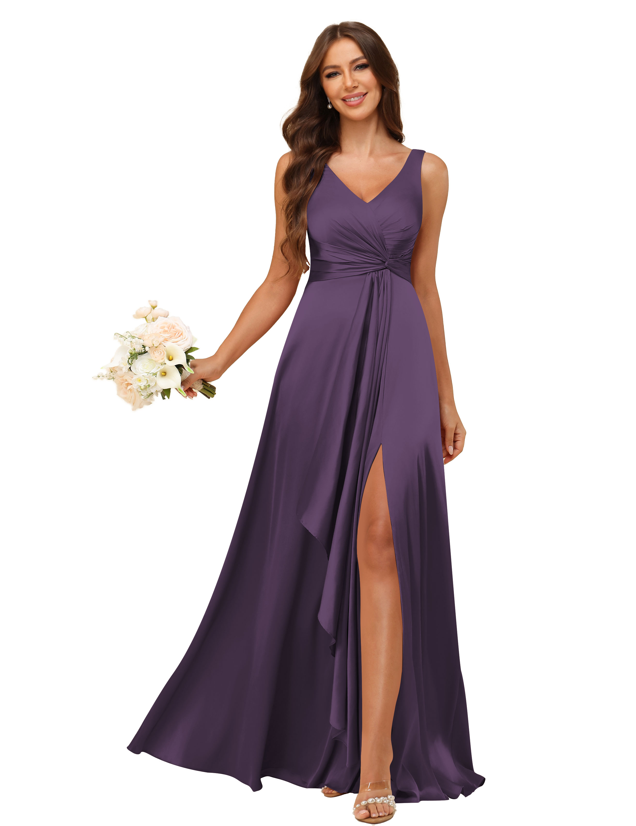 A-line V-neck Straps Satin Silt Lace Up Bridesmaid Dress #BM2507147