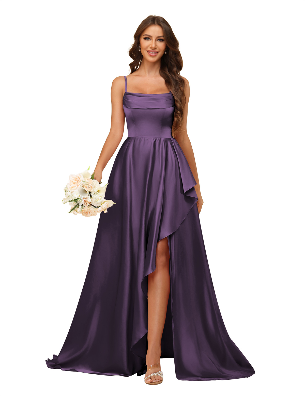 A-line U-neck Spaghetti Straps Satin Silt Bridesmaid Dress #BM2507213