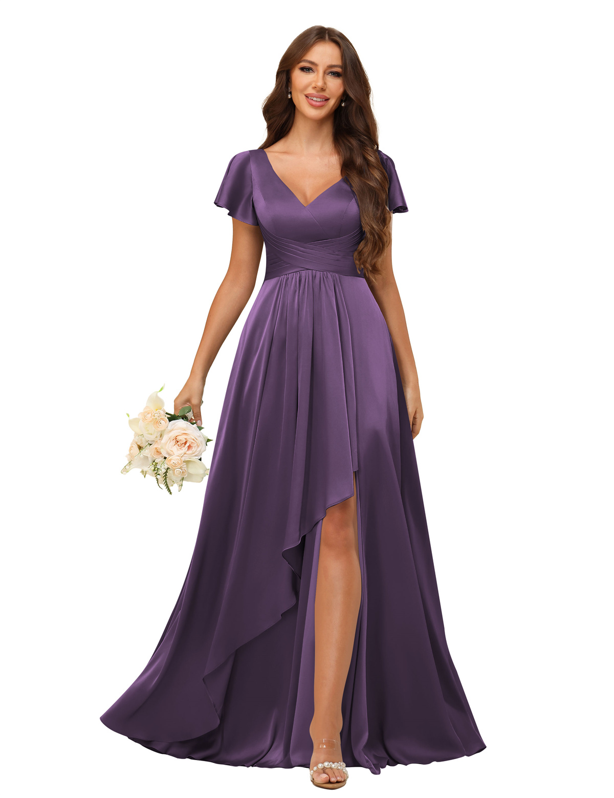 A-line V-neck Short Sleeves Satin Silt Bridesmaid Dress #BM2508022