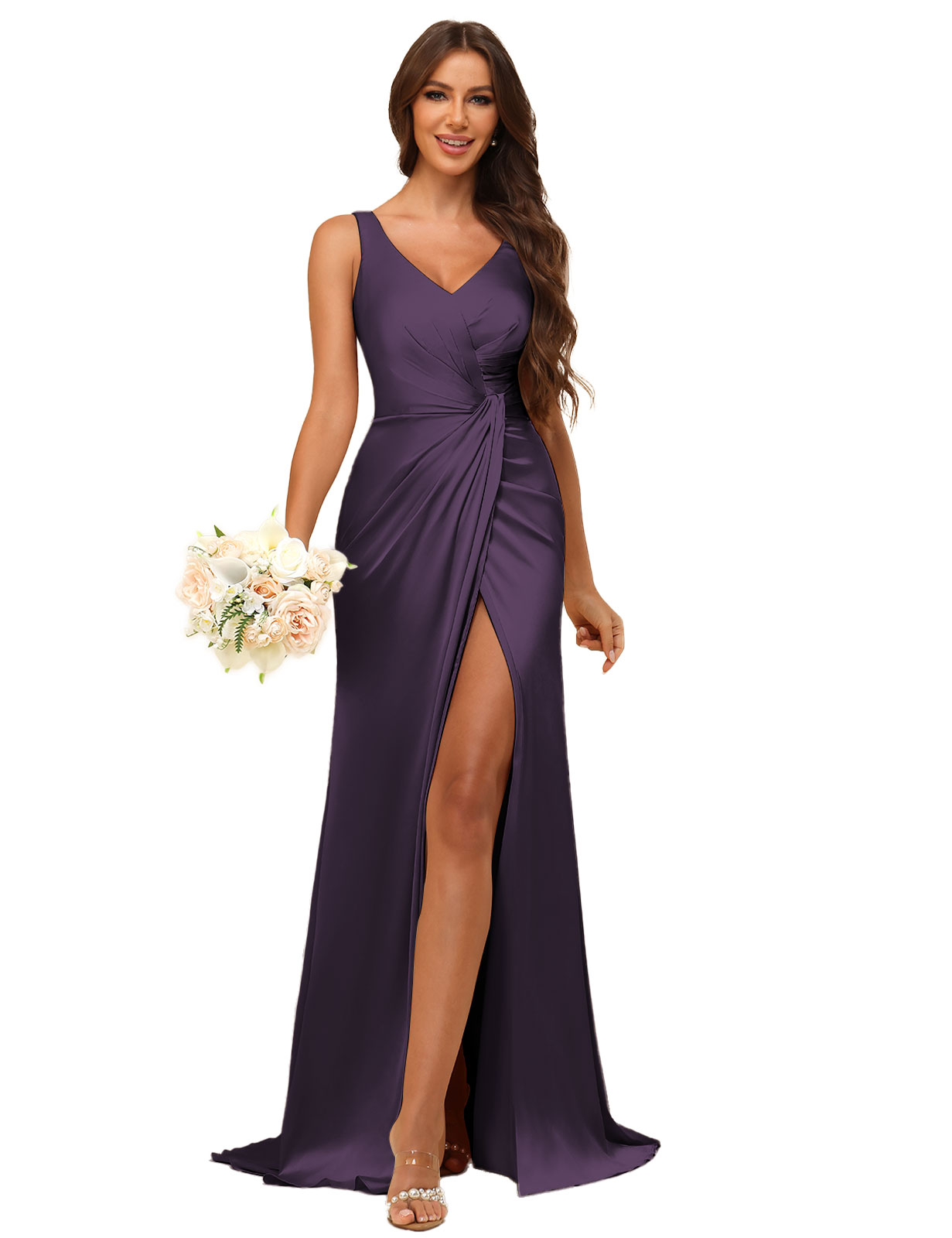 Mermaid V-neck Straps Satin Silt Bridesmaid Dress #BM2507144