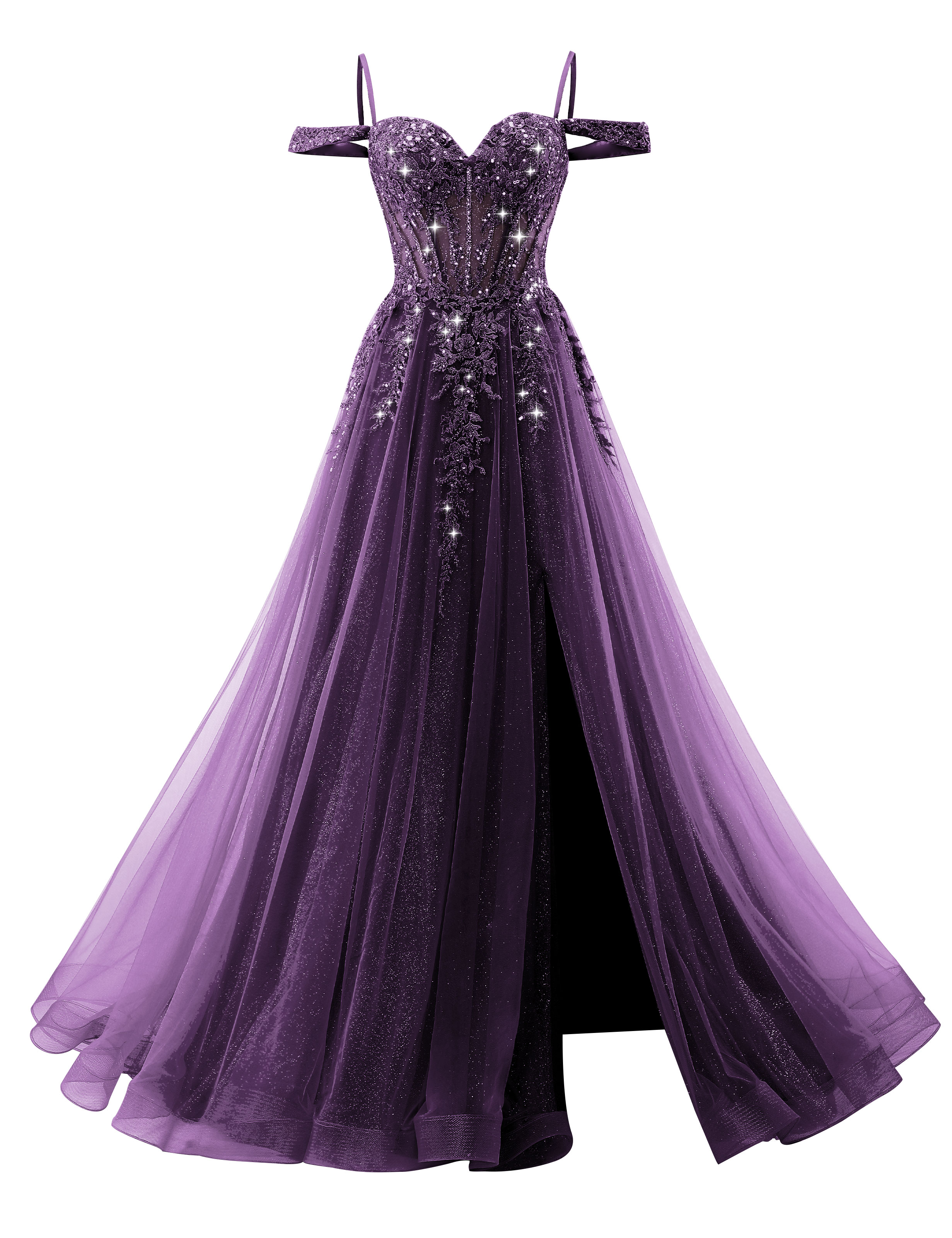 A-line Sweetheart Off Shoulder Corset Lace Appliques Sparkly Tulle Prom Dress #PR2511040