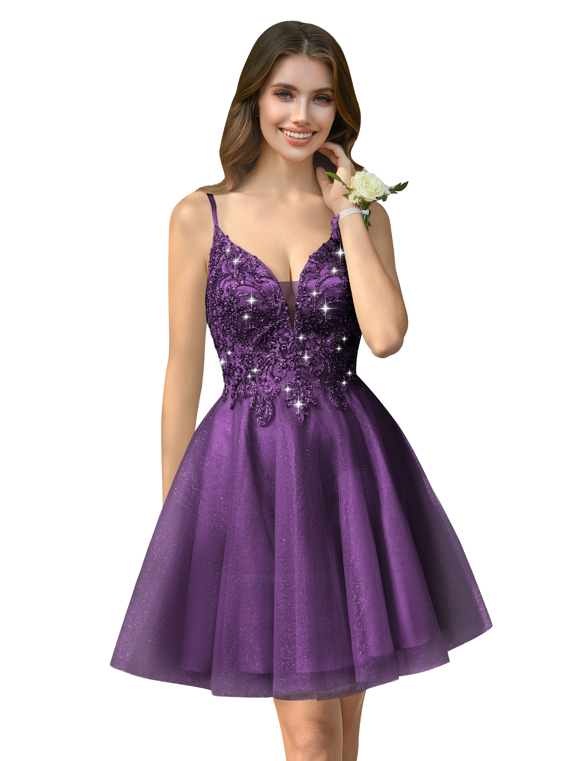 A-line V-neck Spaghetti Strap Sparkly Beaded Tulle Homecoming Dress #HC2401940