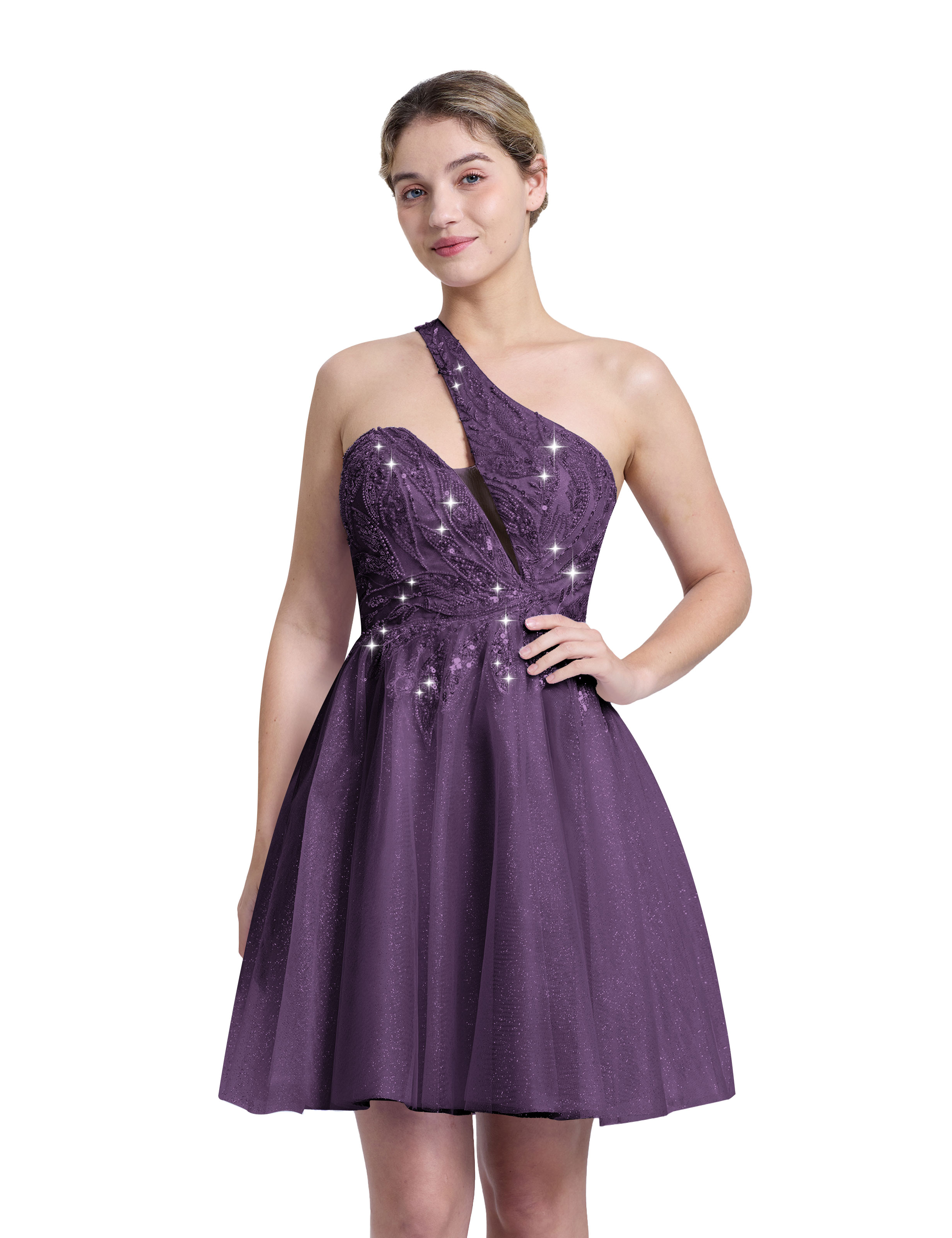 A-line One Shoulder Sequin Lace Beaded Cocktail Party Homecoming Dress #HC2604029