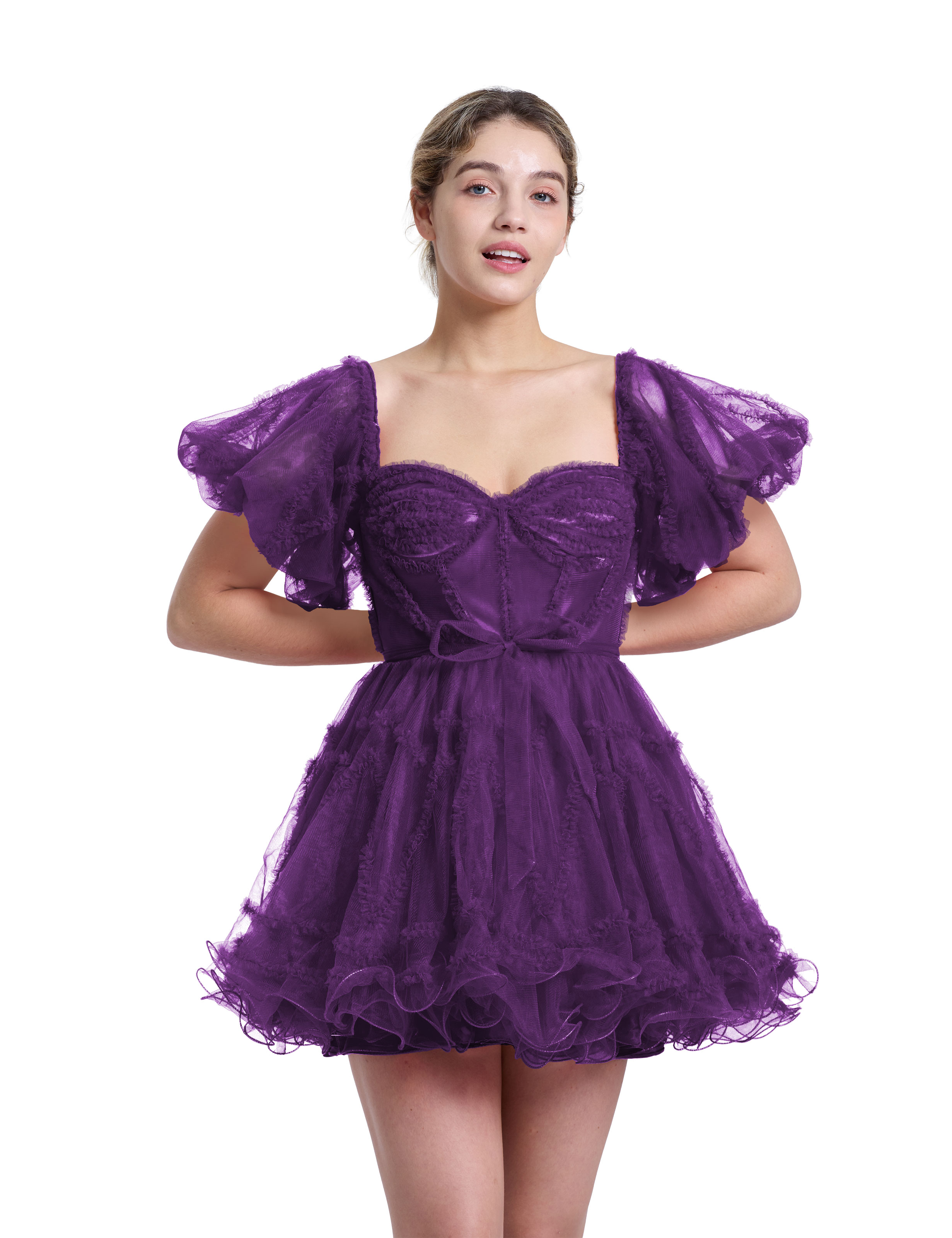 A-line Sweetheart Ruffles Tulle Puffy Sleeves Red Homecoming Dress #HC2401317