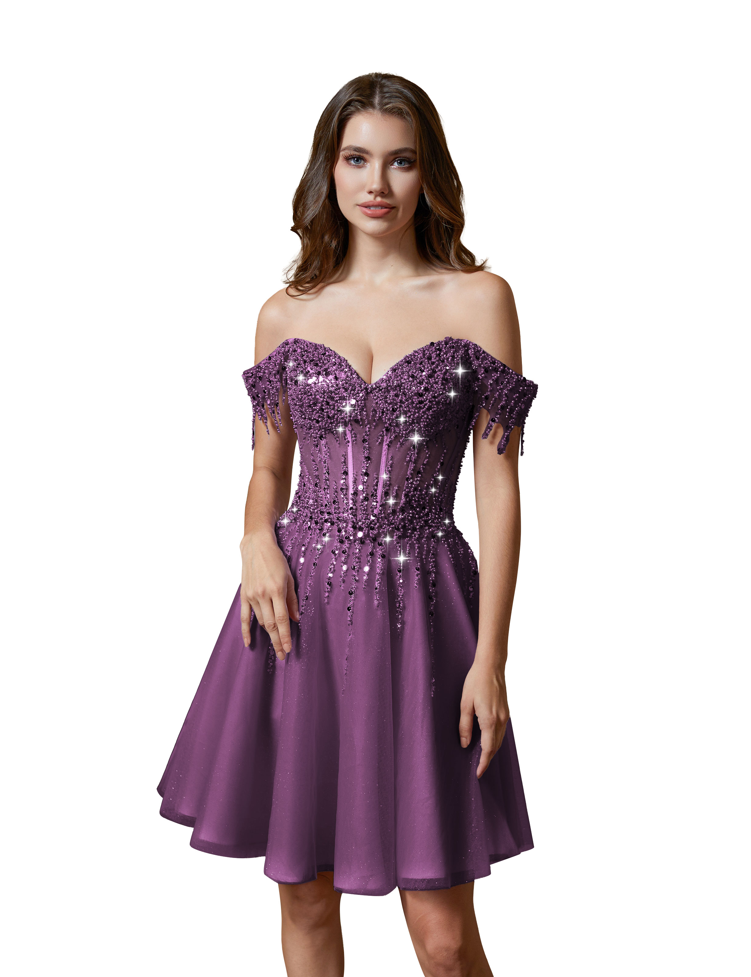 A-line Off Shoulder Lace Appliques Sparkly Sequin Tulle Homecoming Dress #HC2401169