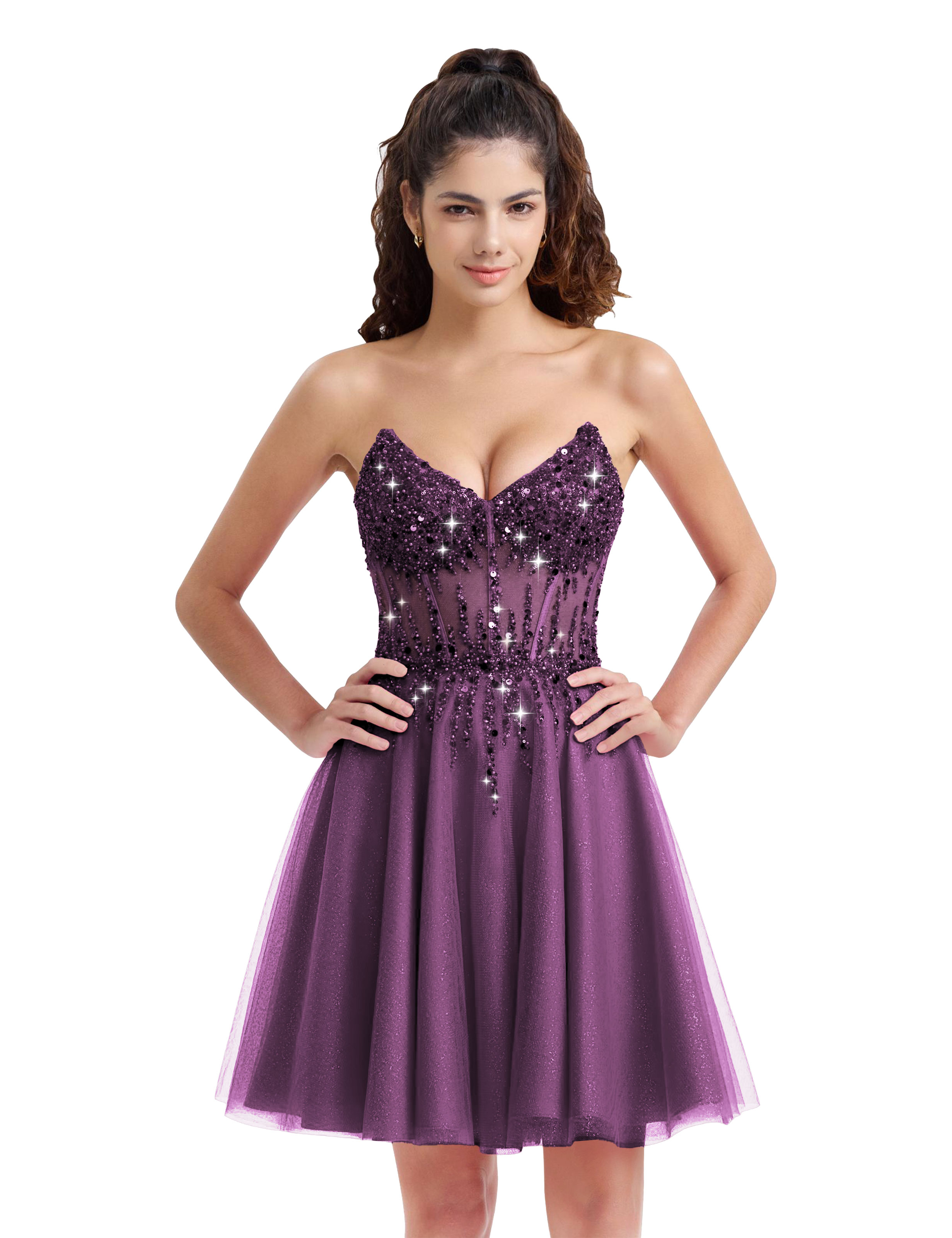 Sparkly A-line V-Neck Tulle Strapless Beaded Homecoming Dress #HC2402127