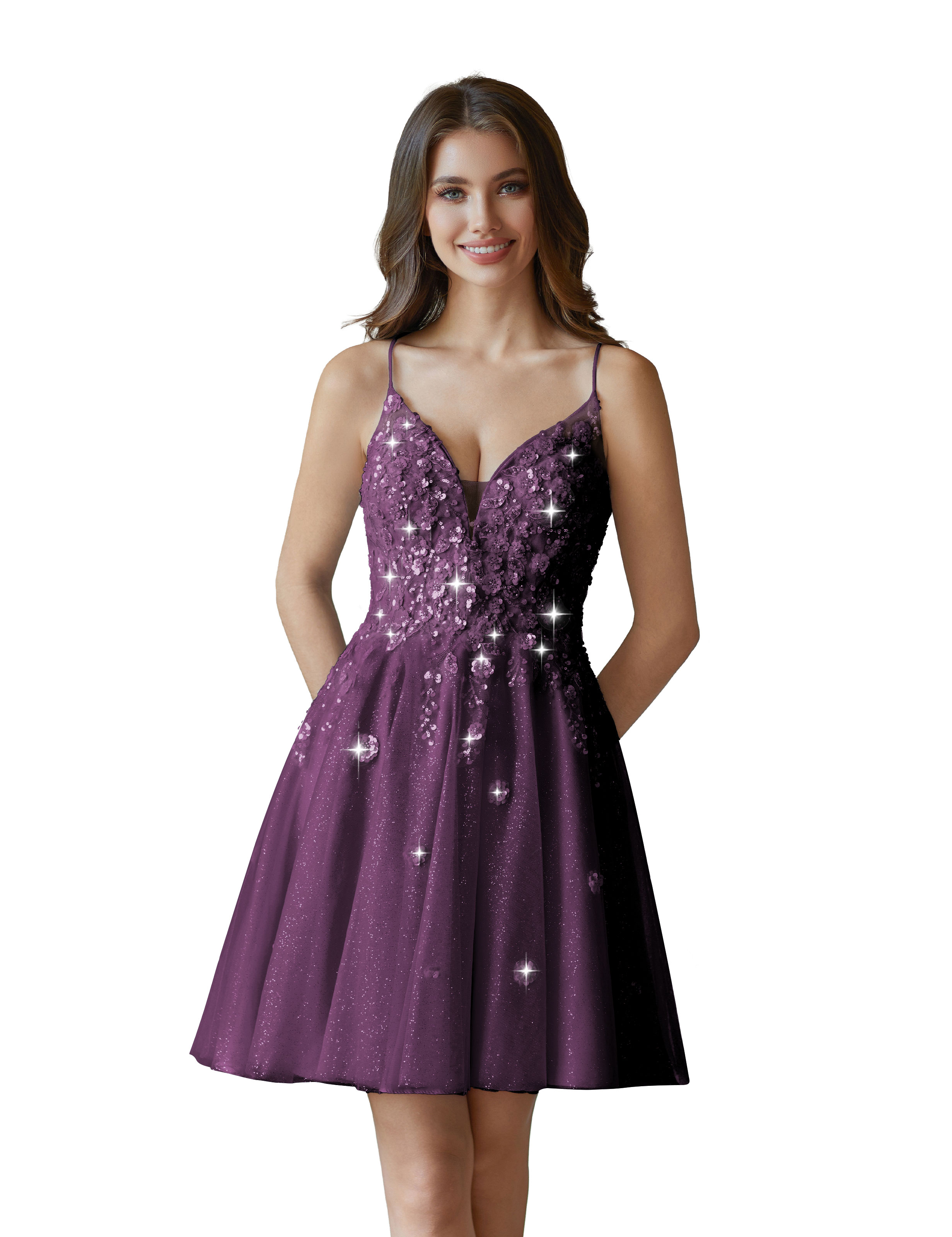 V-Neck Sspaghetti Strap Sparkly Lace Sequin Short Tulle Homecoming Dress #HC2604021