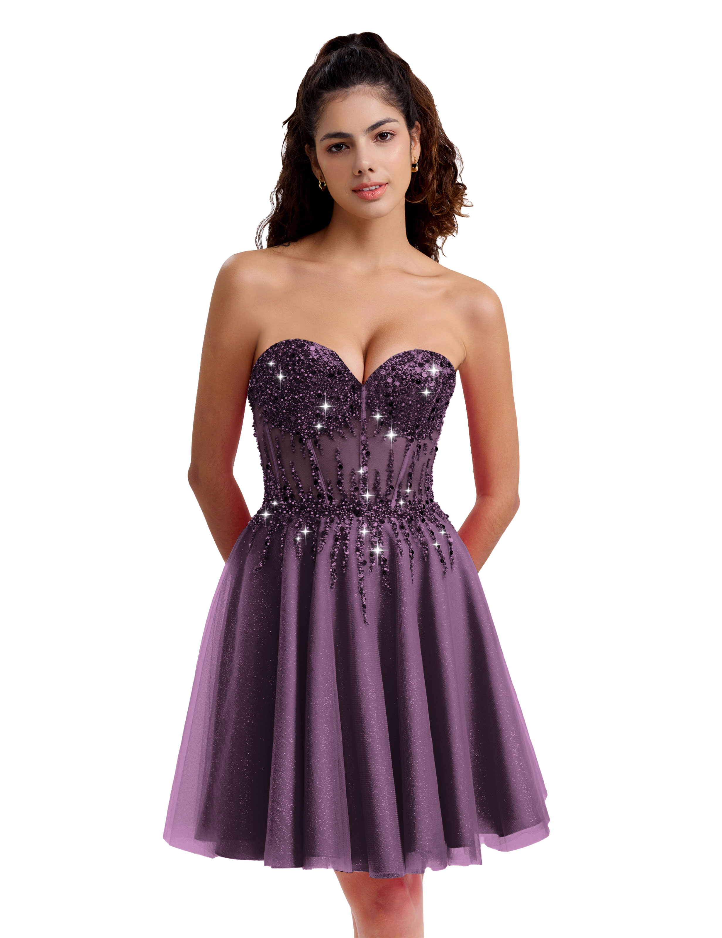 Sparkly A-line Sweetheart Tulle Beaded Party Homecoming Dress #HC2402135